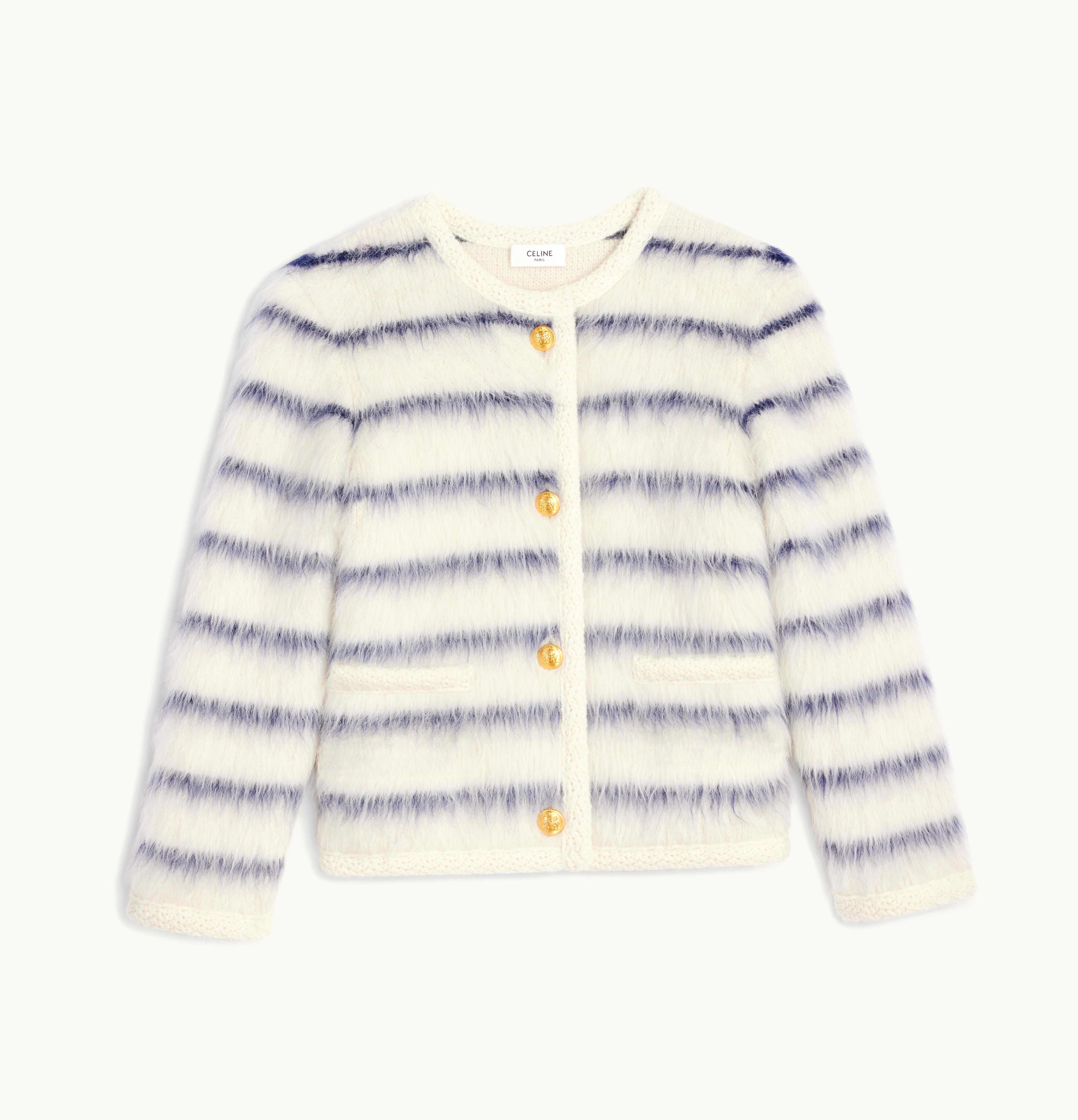 Celine Celine Striped Cardigan Jacket In Brushed Alpaca Off White / Navy