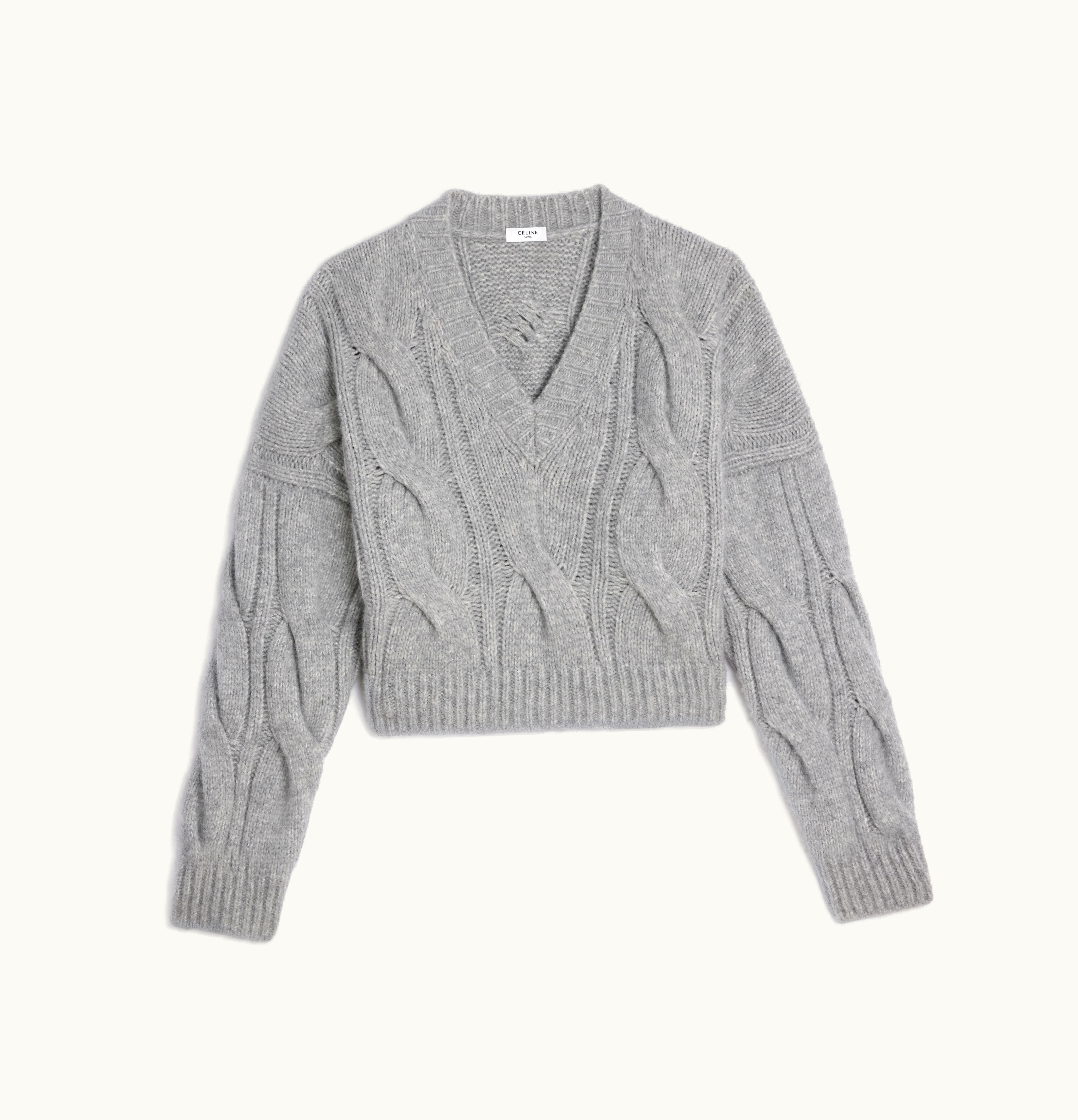 Celine Celine V-Neck Sweater In Cable-Knit Cashmere And Silk Light Grey
