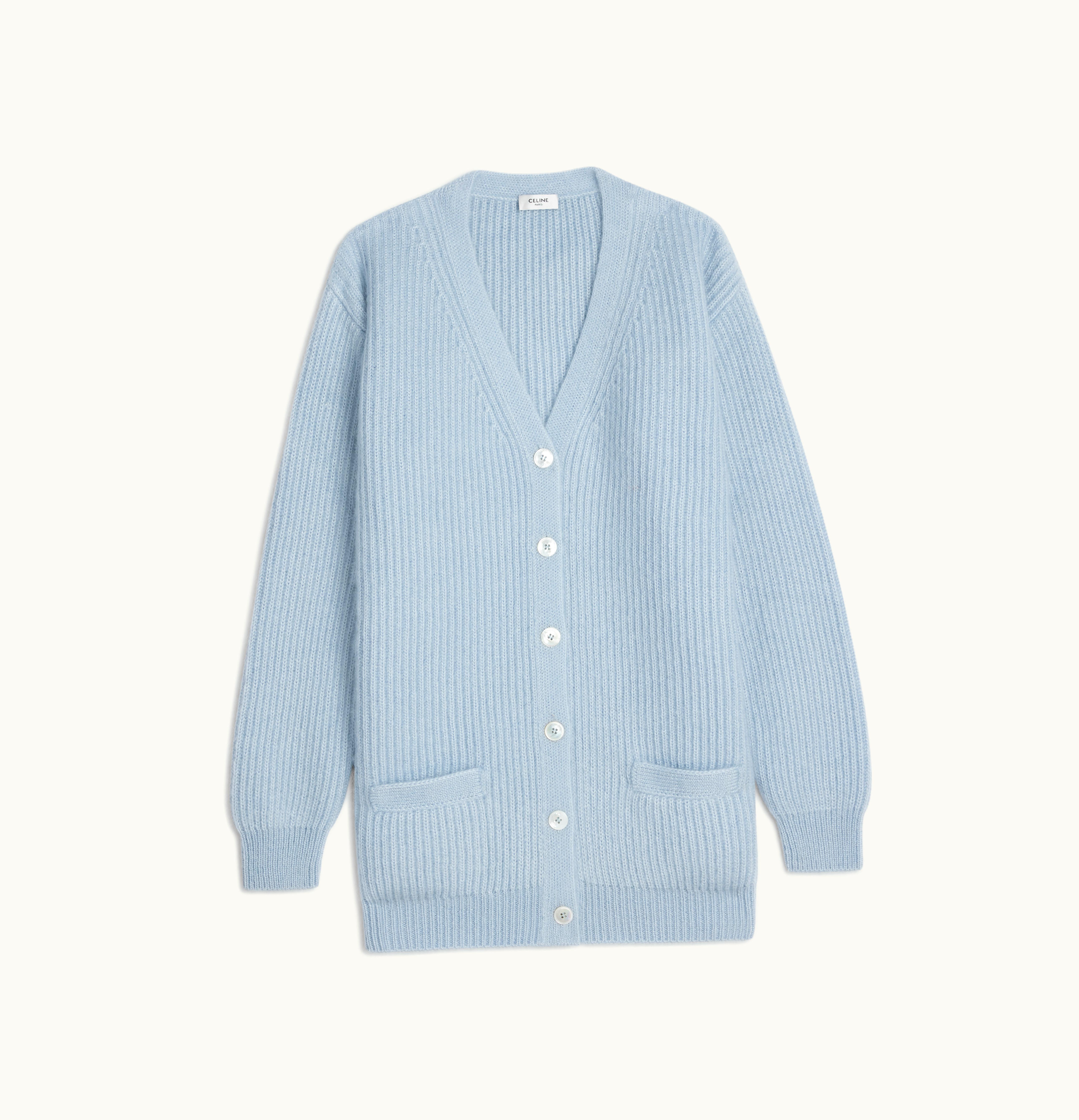 Celine Celine Long Ribbed Cardigan In Silk And Mohair Light Blue