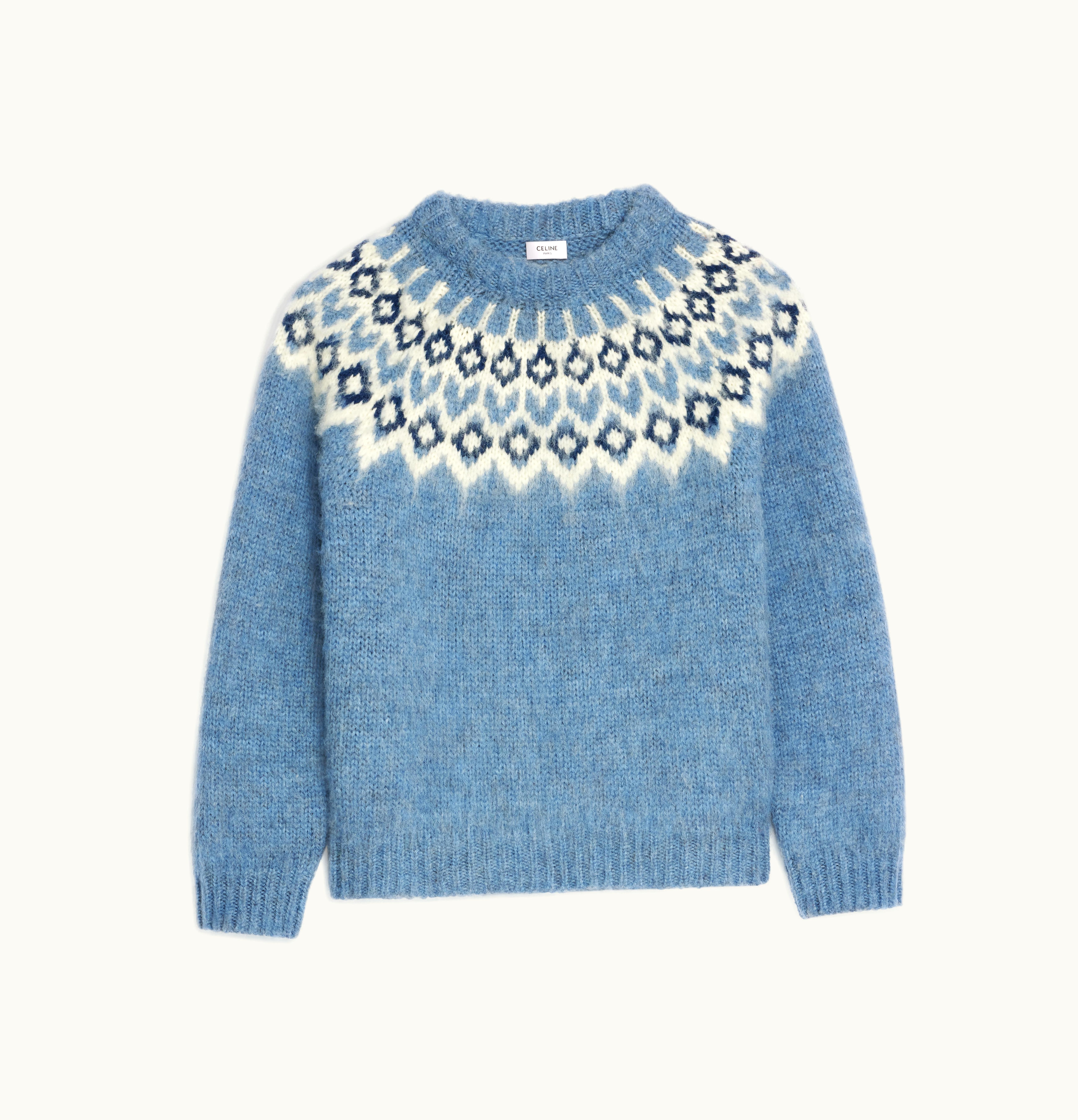 Celine Celine Crew Neck Sweater In Brushed Fair Isle Wool Blue