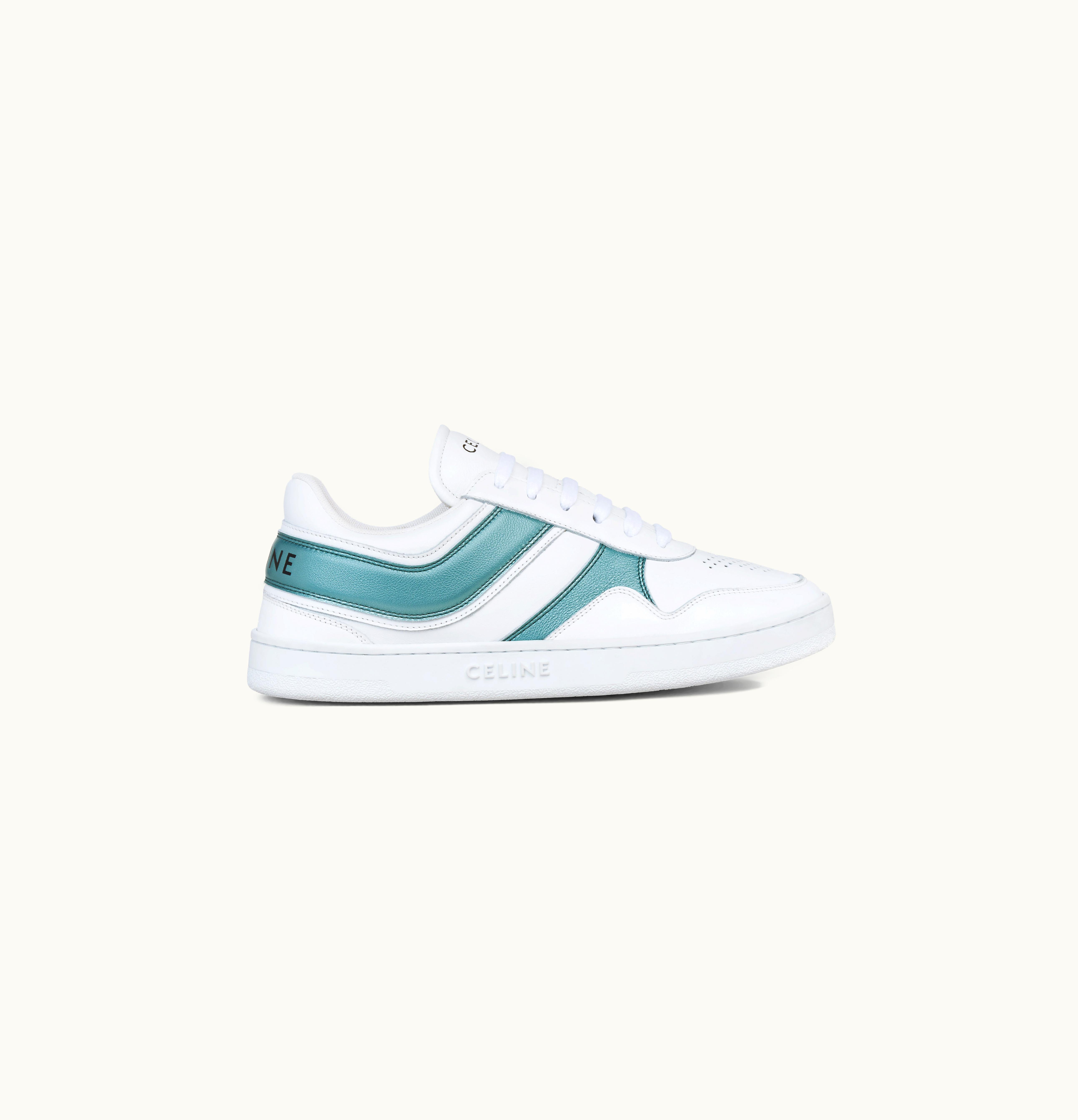 Celine Celine Trainer Low Lace-Up Sneaker In Calfskin & Laminated Calfskin Optic White/Light Blue