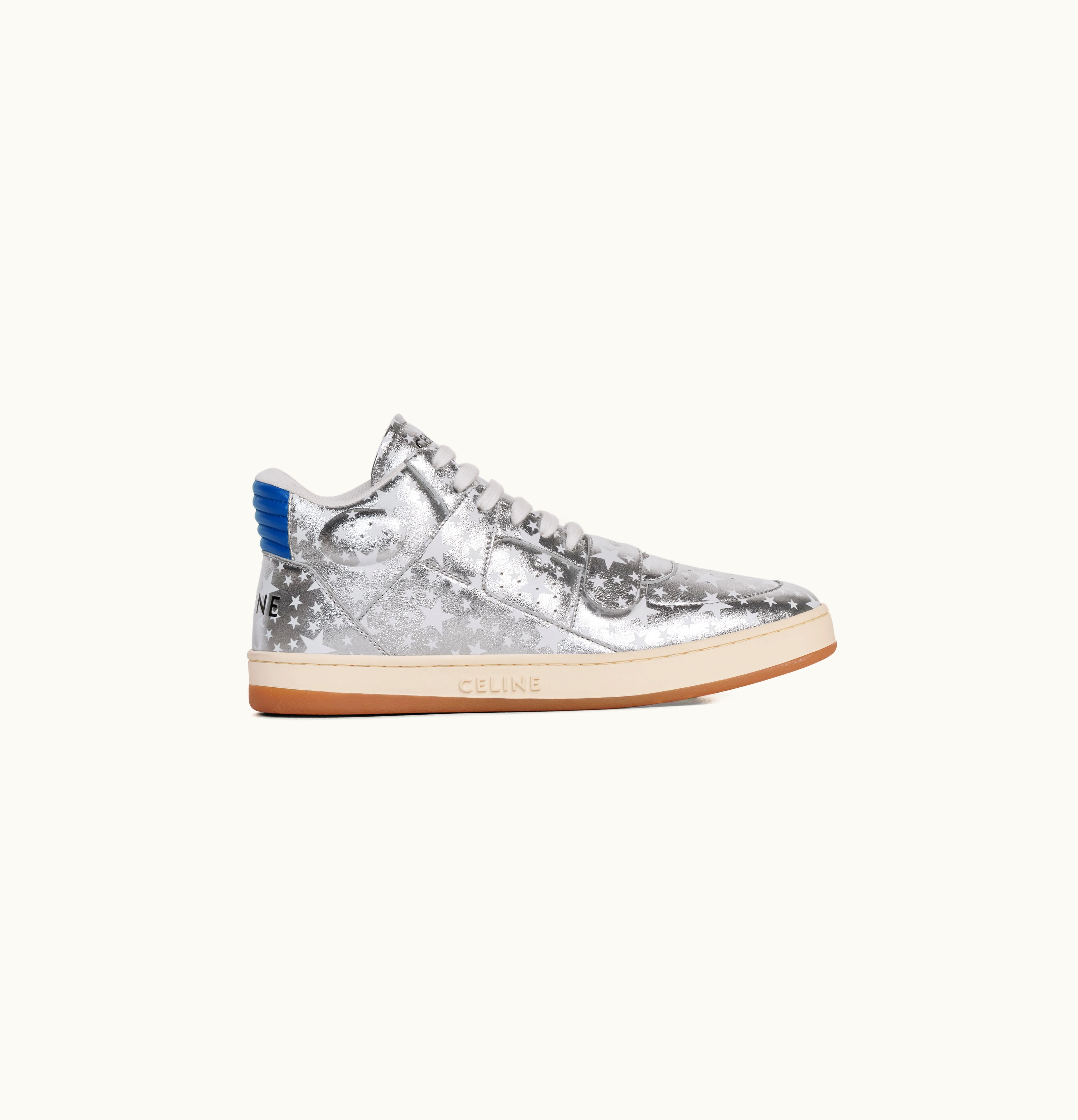 Celine Celine Ct-02 Mid Sneaker With Scratch In Stars Printed Metallic Calfskin And Calfskin Silver / Blue