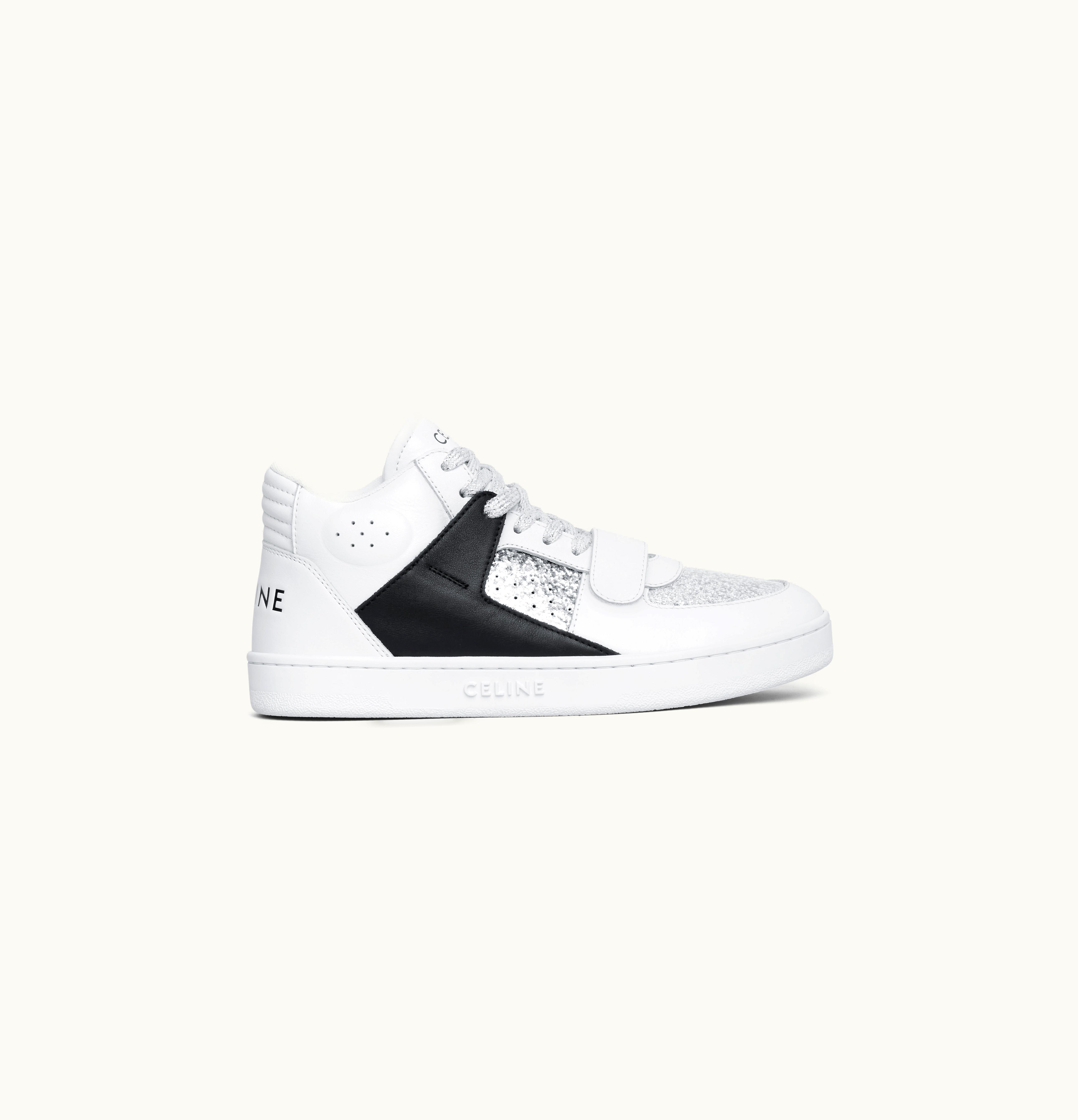 Celine Celine Ct-02 Mid Sneaker With Scratch In Calfskin & Patent Glitter Optic White/Silver/Black