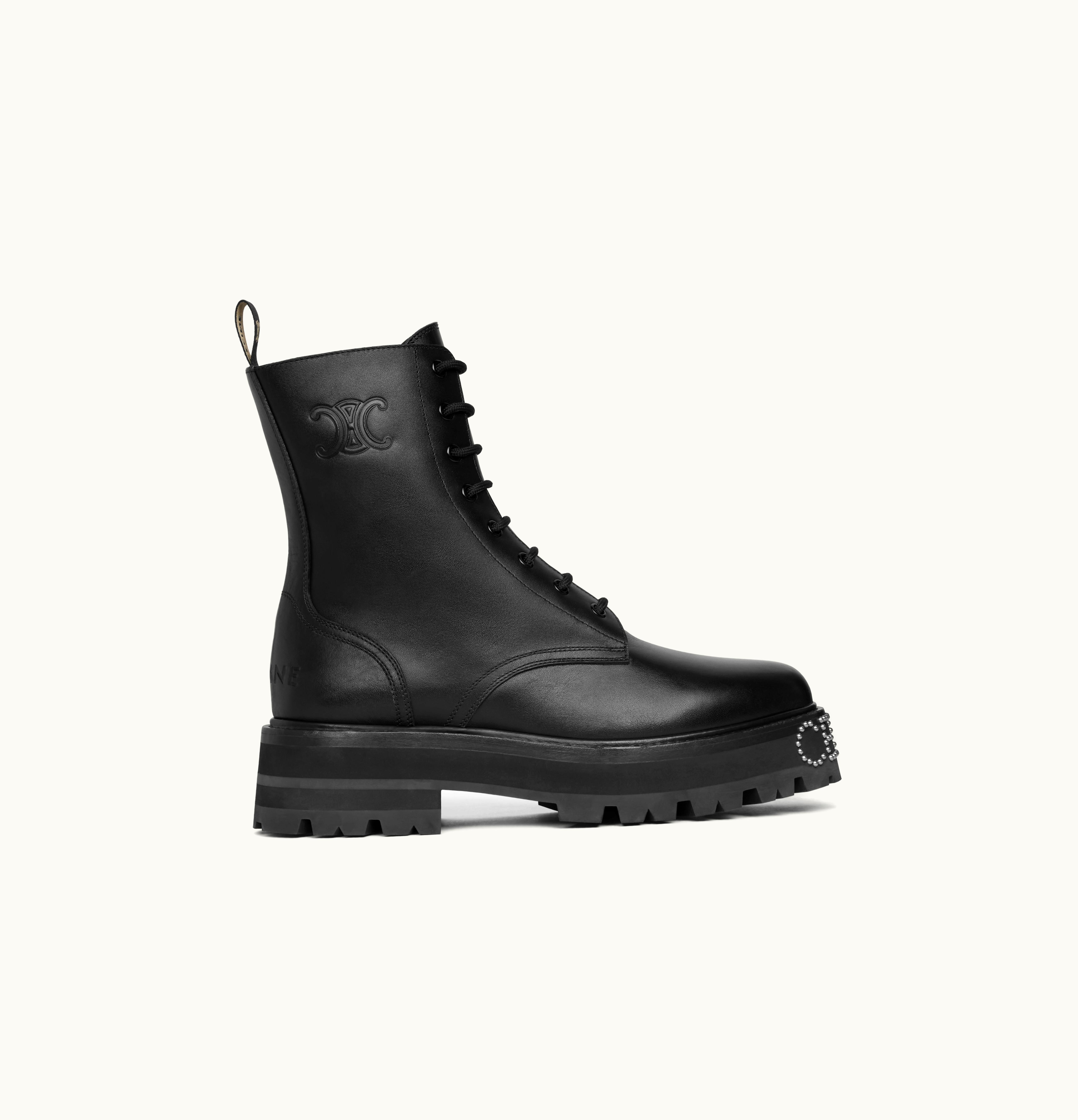 Celine Celine Lace-Up Boot With Triomphe And Studded Outsole Celine Bulky In Shiny Bull Black