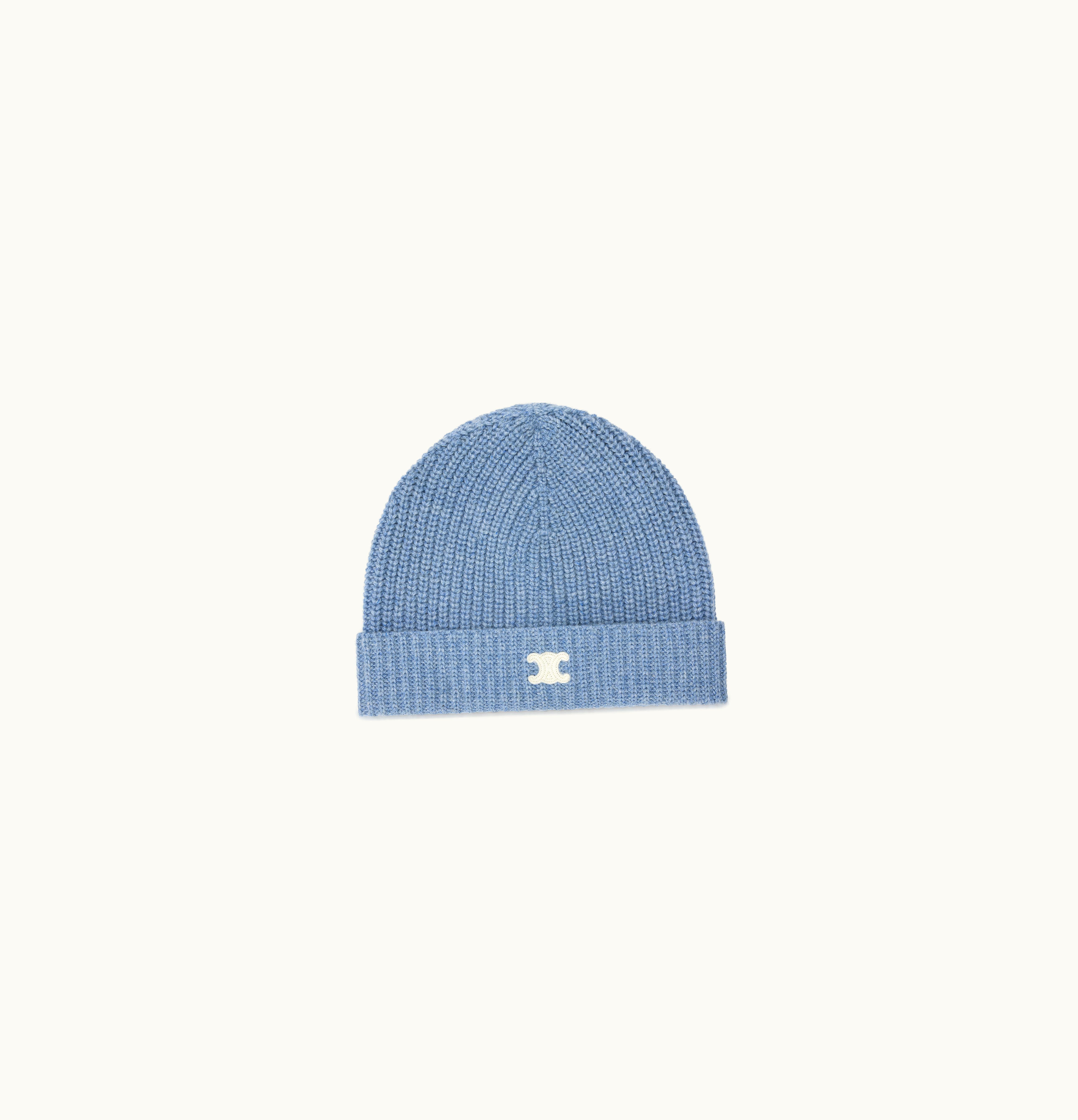 Celine Celine Triomphe Embroidered Beanie In Heritage Cashmere Bleu Denim