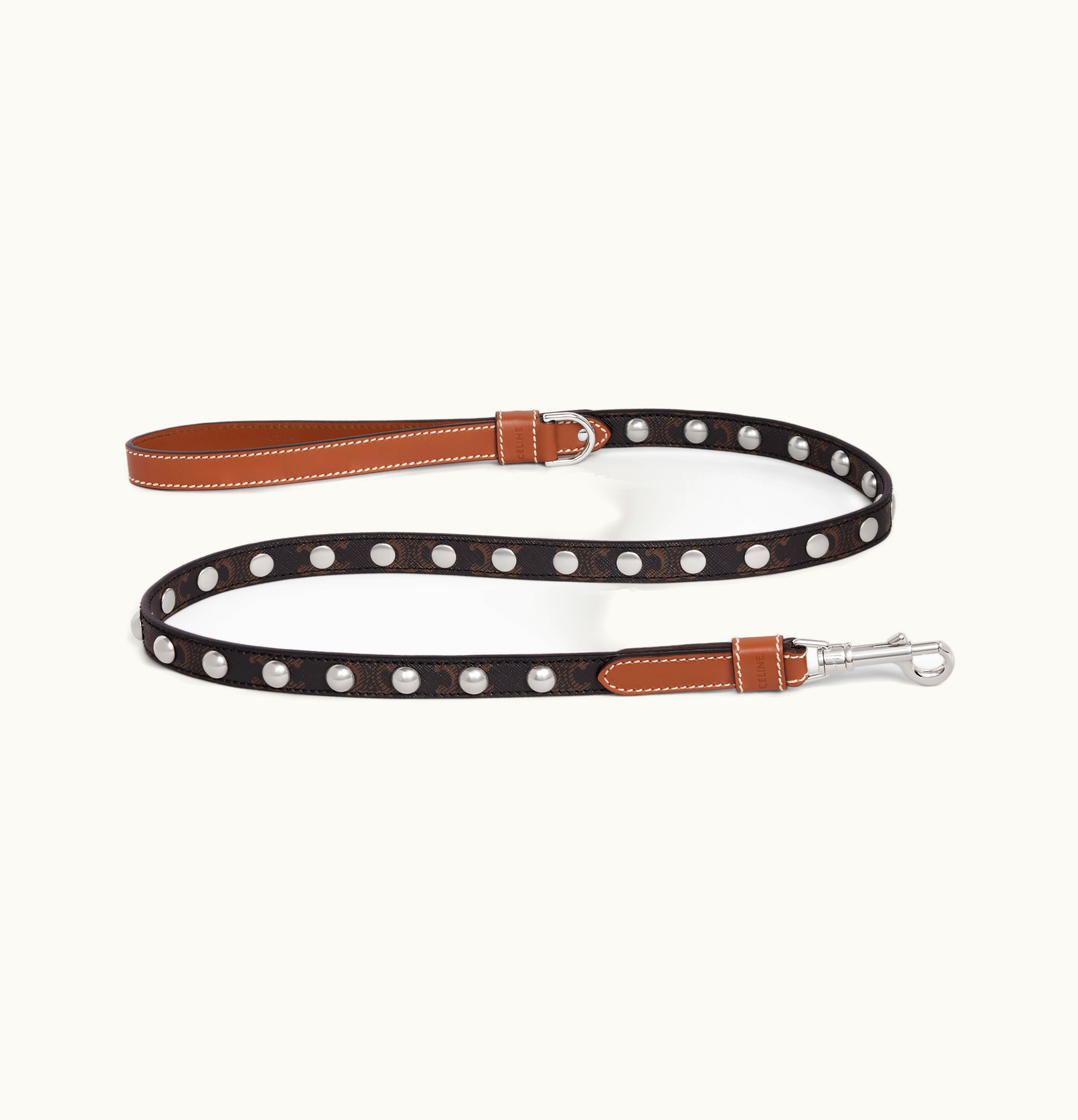 Celine Celine Thin Dog Leash In Triomphe Canvas And Calfskin With Studs Tan