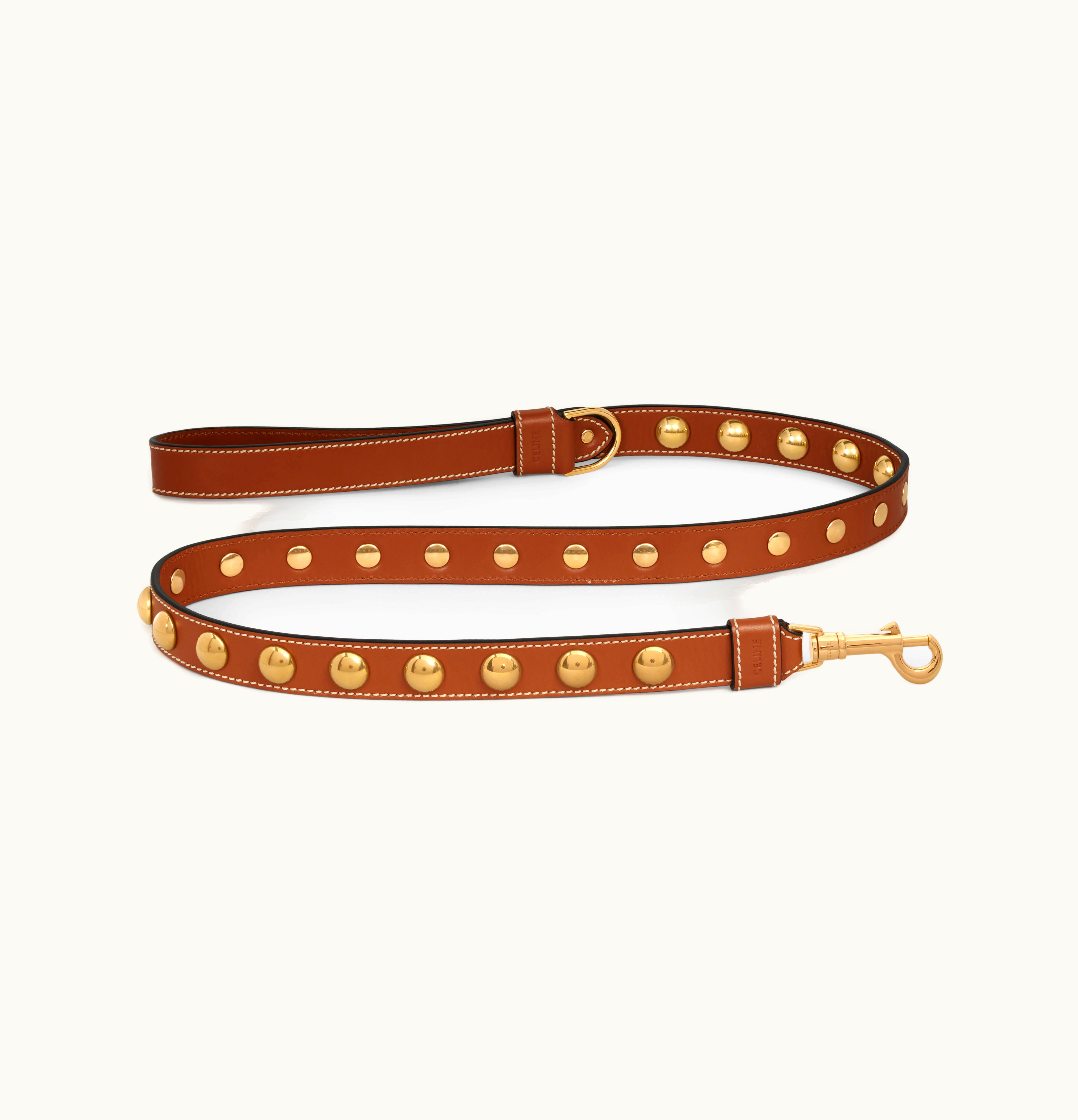 Celine Celine Wide Dog Leash In Smooth Calfskin With Studs Tan