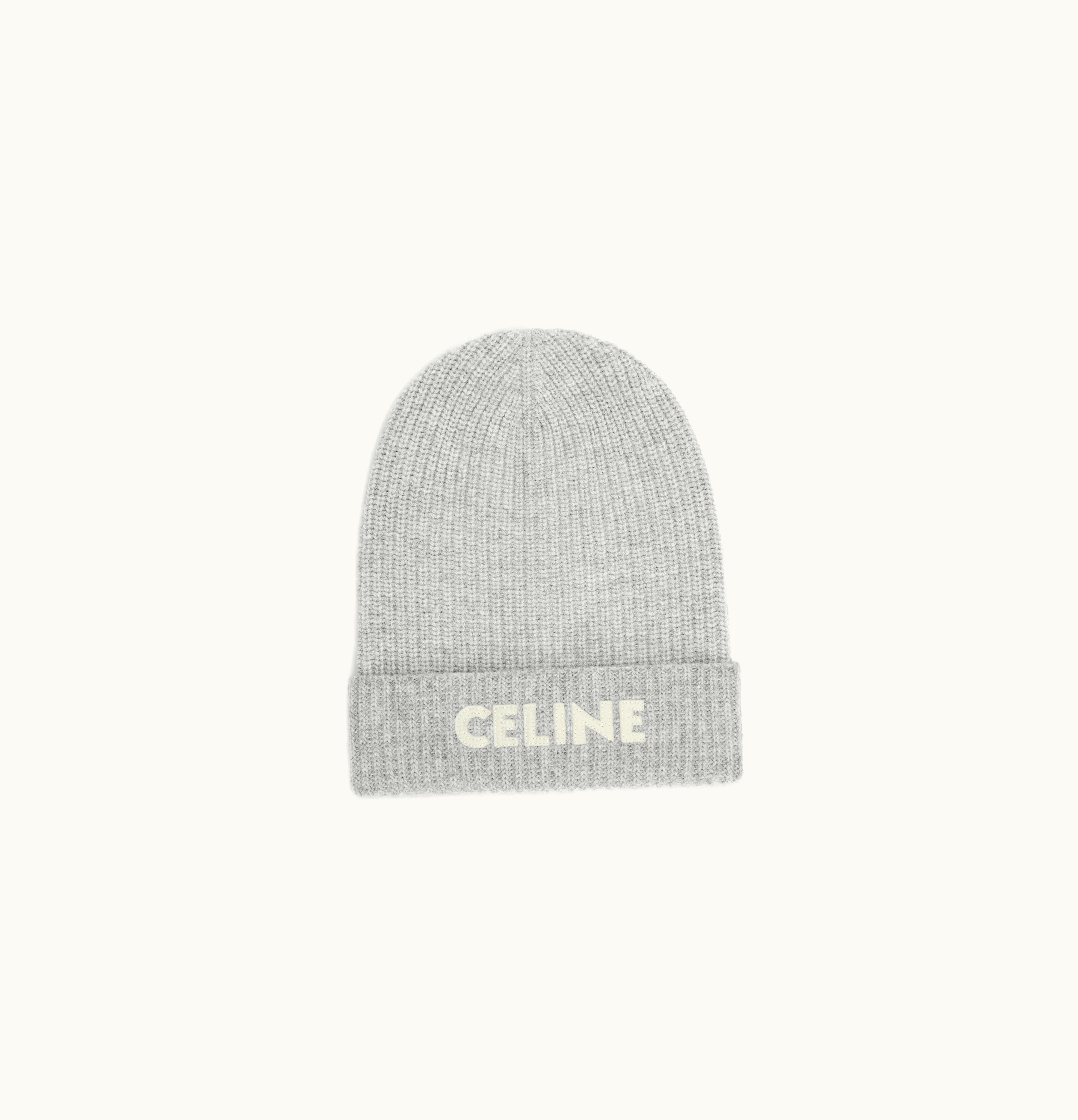 Celine Celine Embroidered Beanie In Ribbed Felted Wool Light Grey