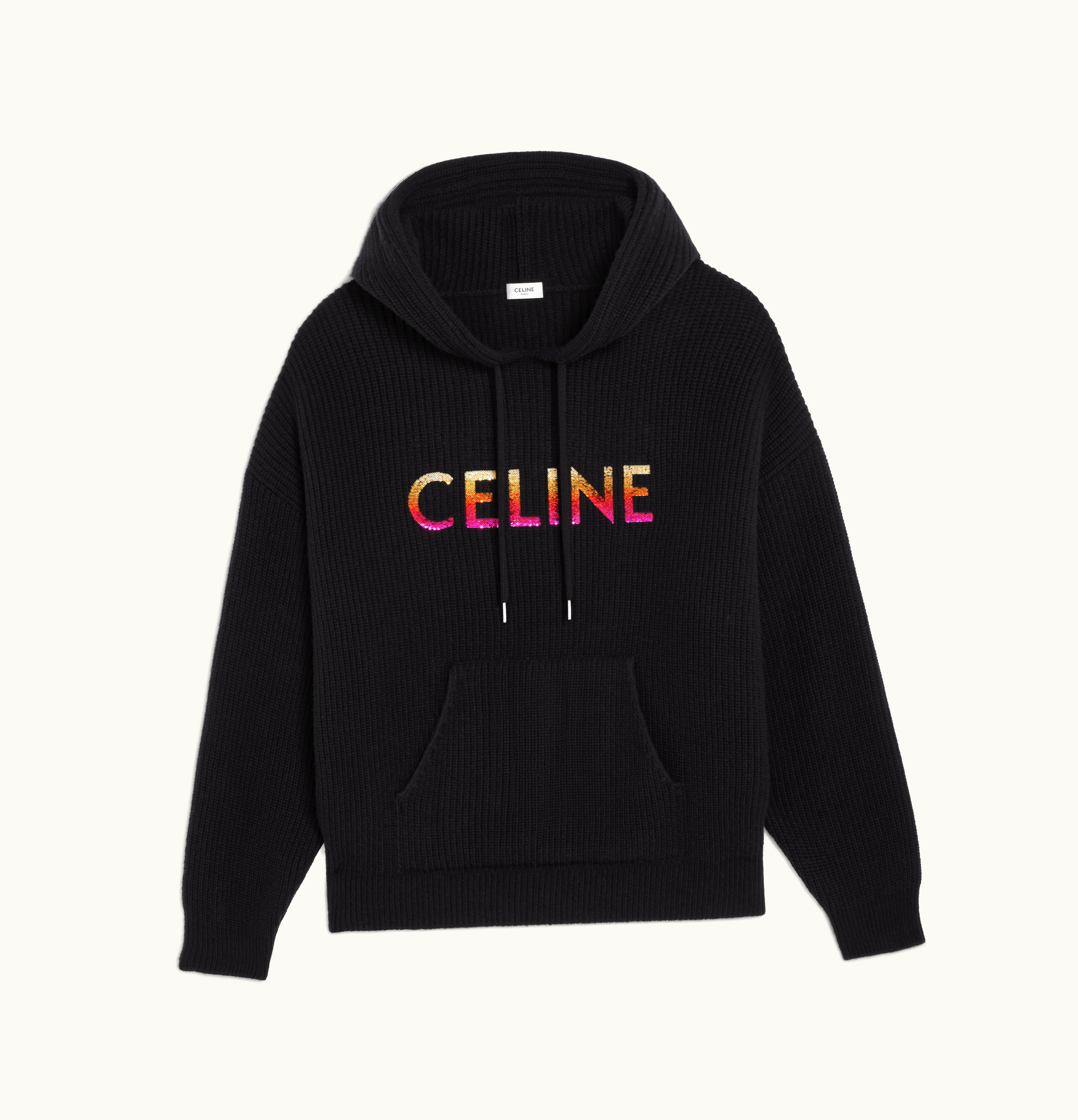 Celine Celine Embroidered Hooded Sweater In Ribbed Wool Black