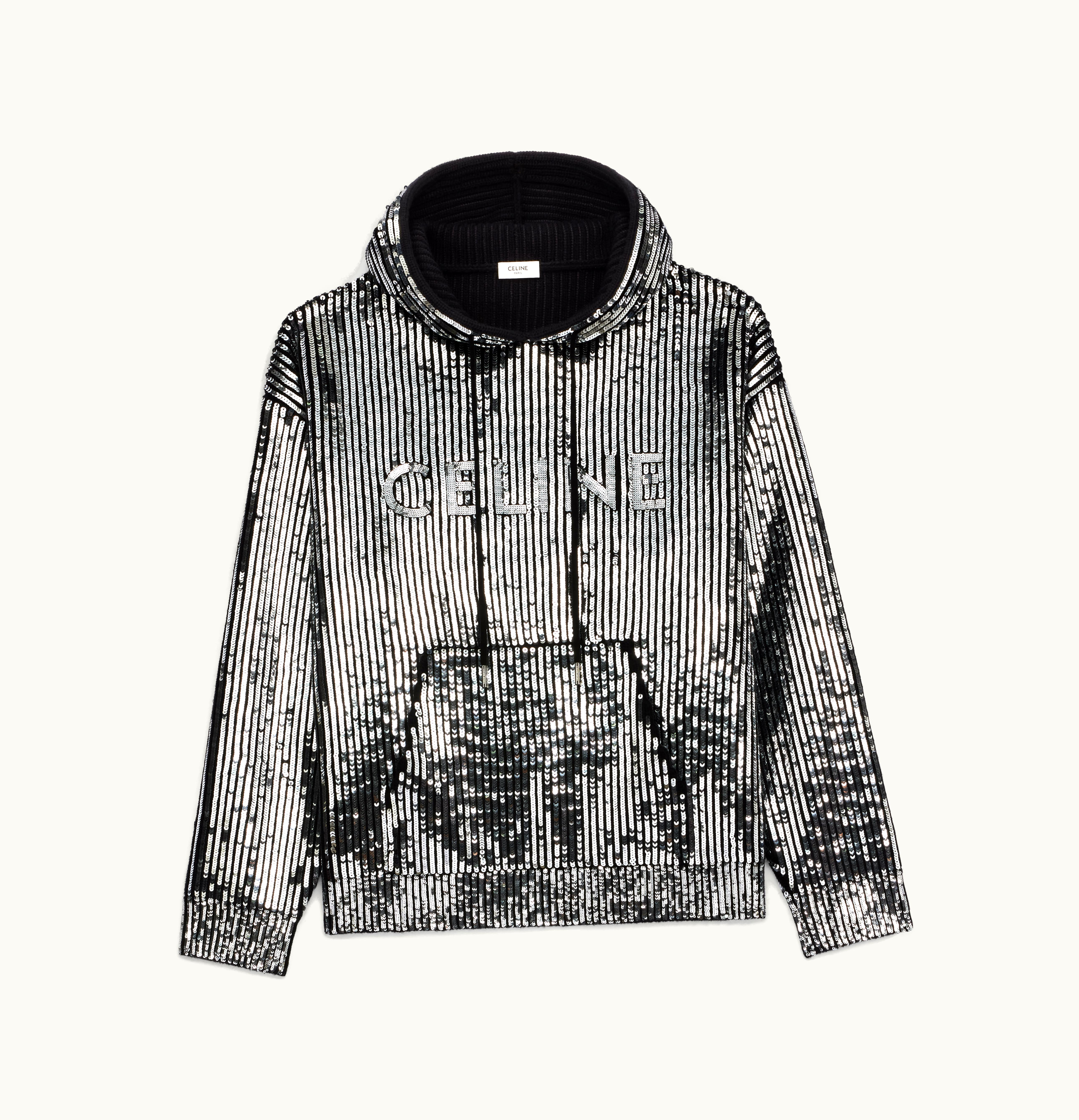 Celine Celine Embroidered Hooded Sweater In Ribbed Wool Silver