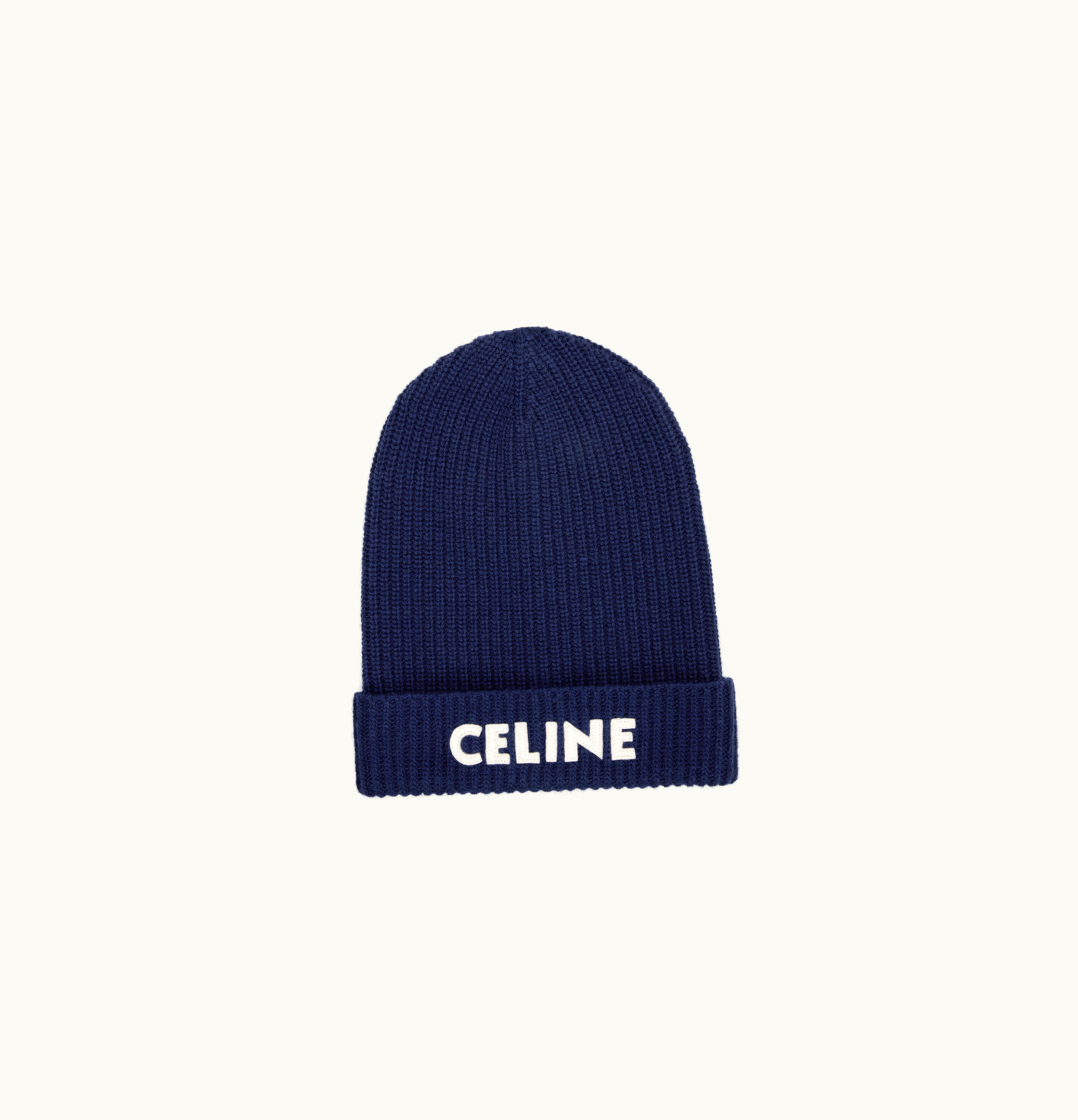 Celine Celine Embroidered Beanie In Ribbed Felted Wool Navy