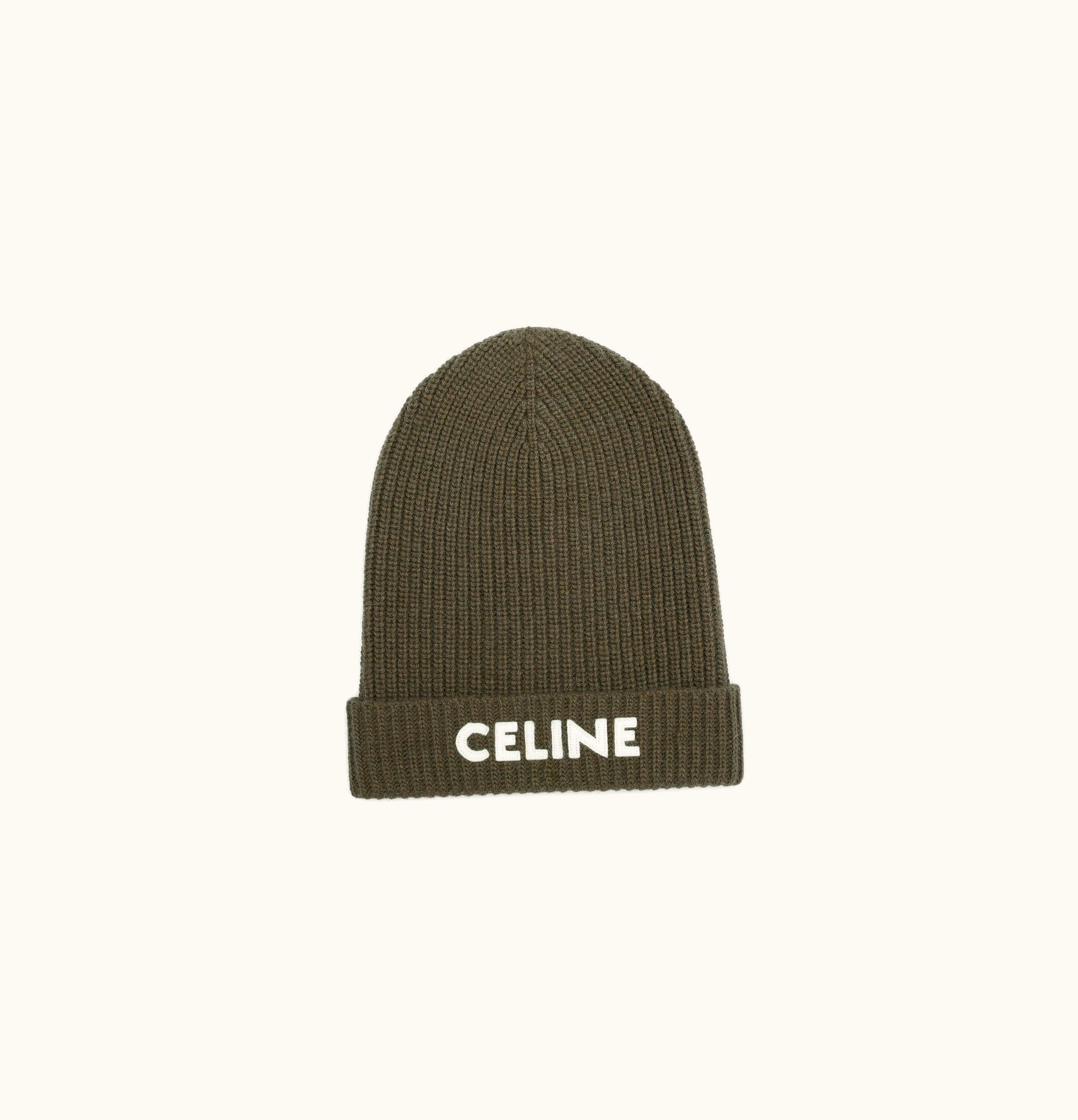 Celine Celine Embroidered Beanie In Ribbed Felted Wool Khaki