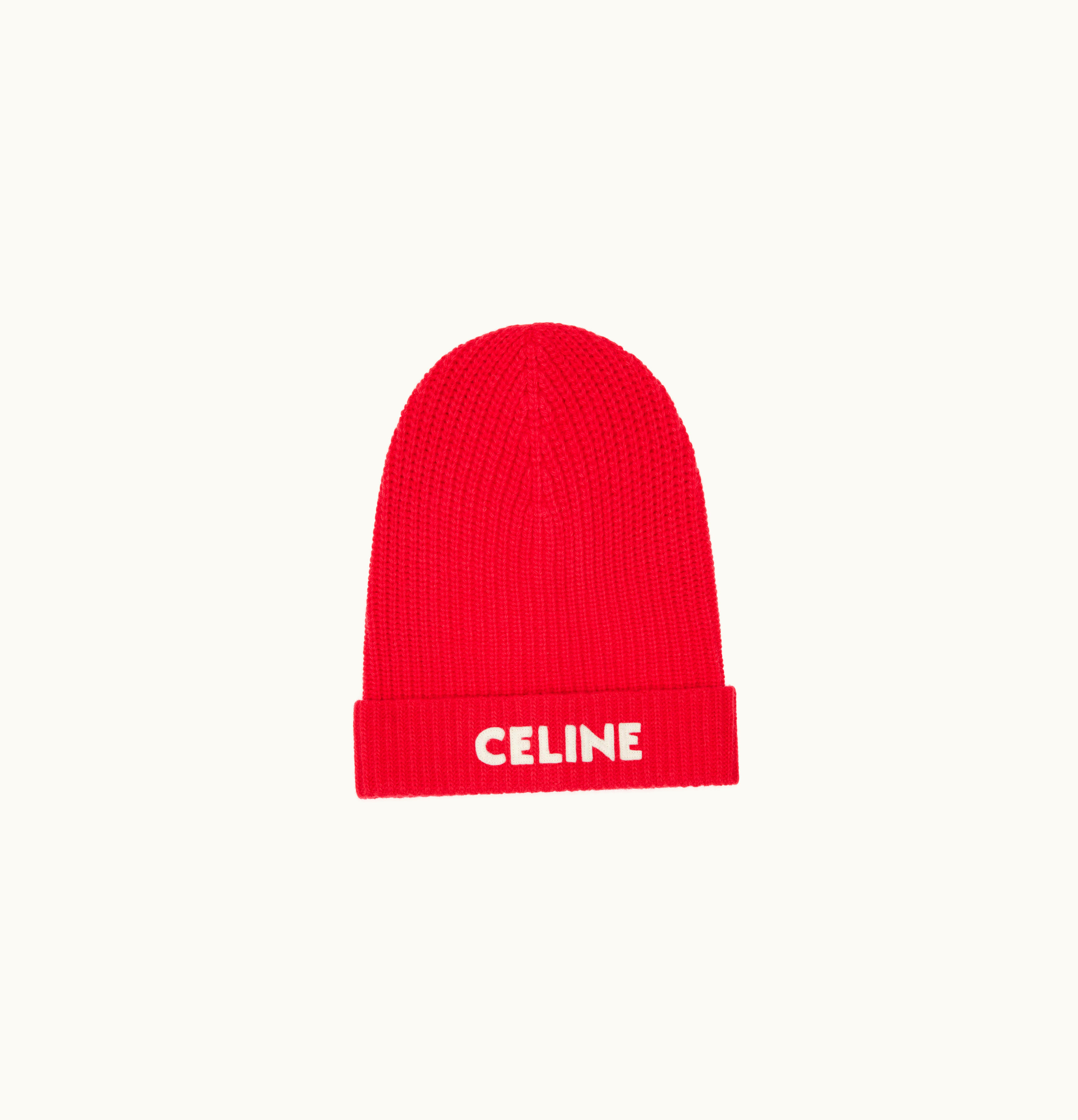 Celine Celine Embroidered Beanie In Ribbed Felted Wool Red