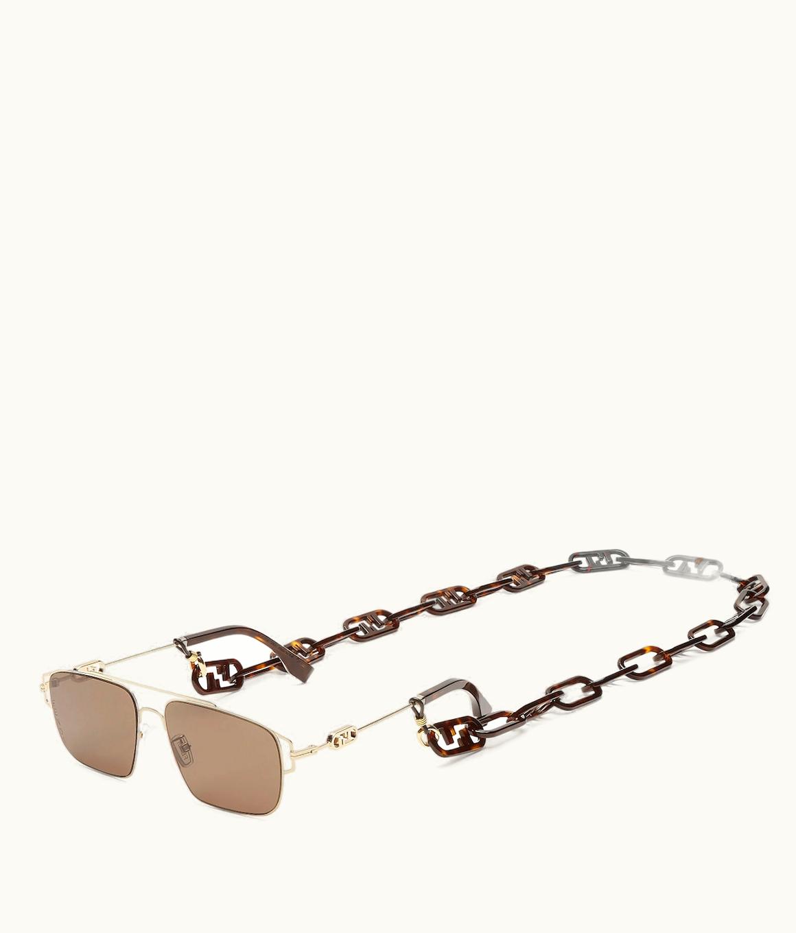 Fendi "Lock" - Gold Metal And Brown Lenses Sunglasses With Eyeglass Chain UZ0123898