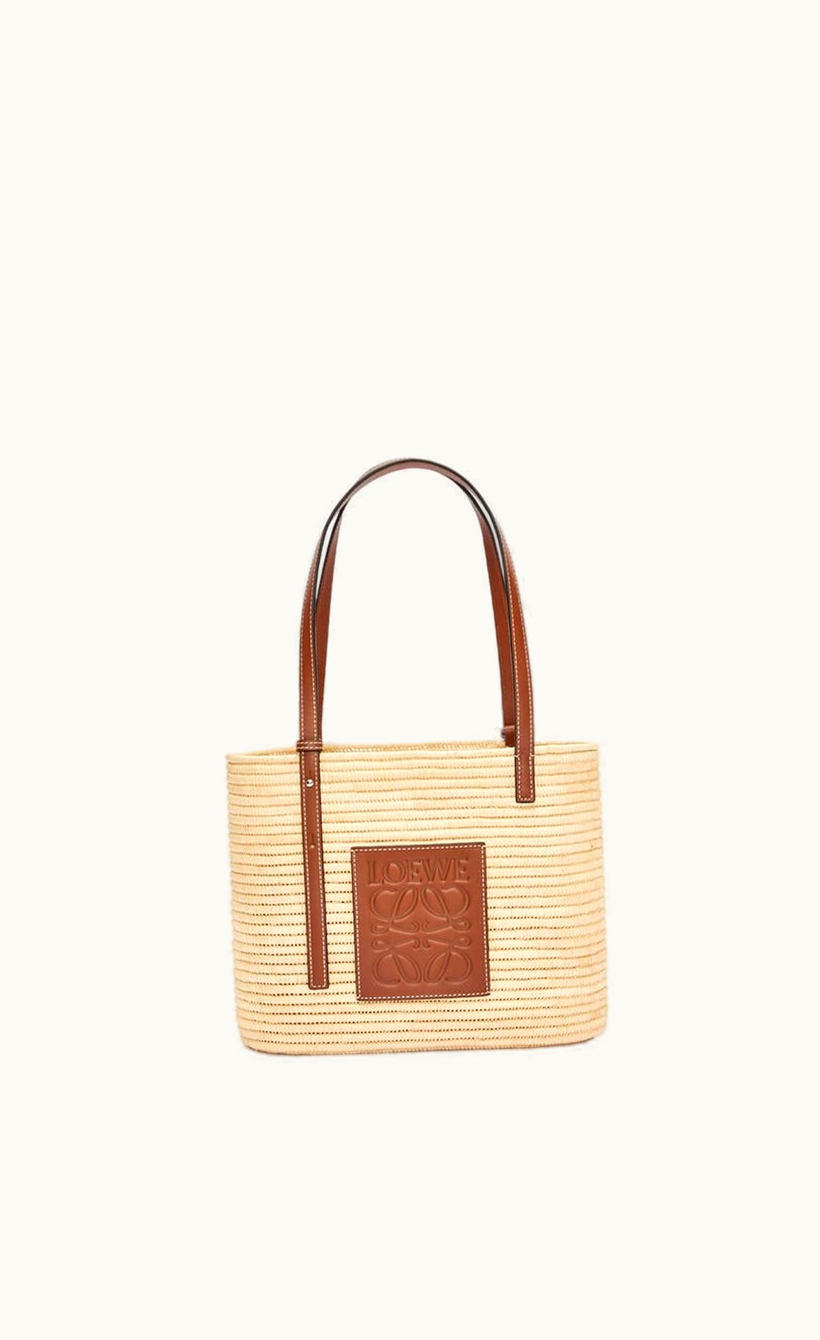 Loewe Small Square Basket Bag In Raffia And Calfskin UZ0129981