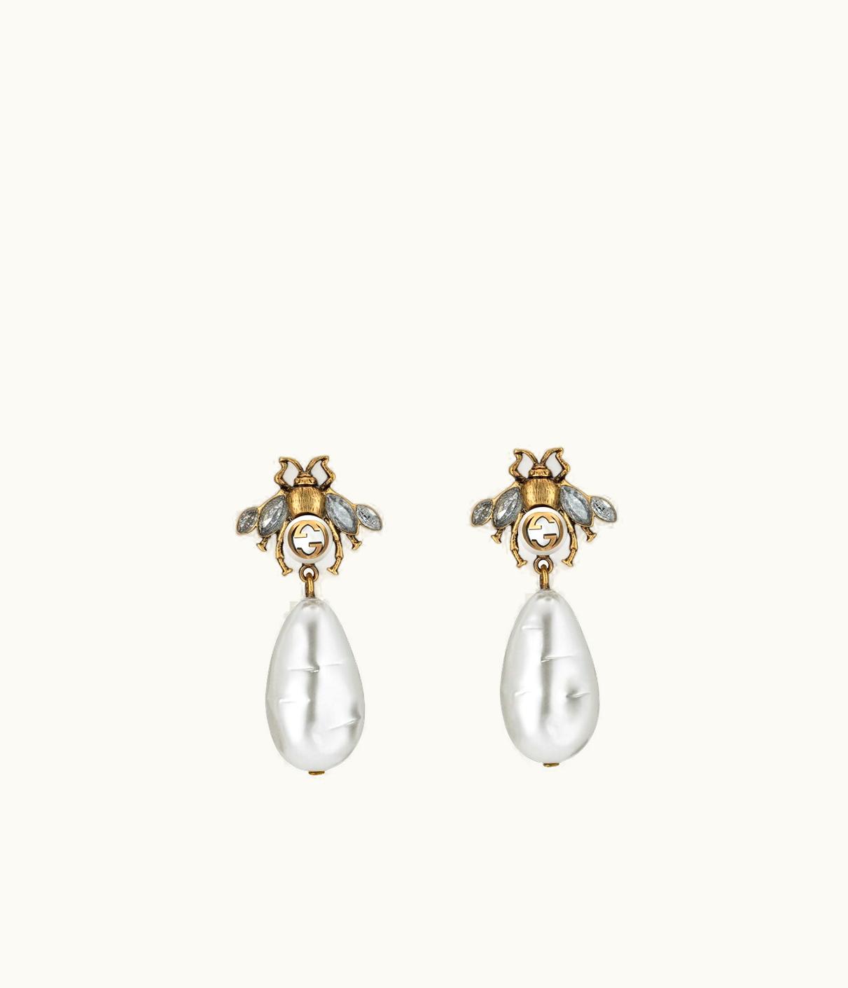 Gucci Gucci Bee Earrings With Drop Pearls