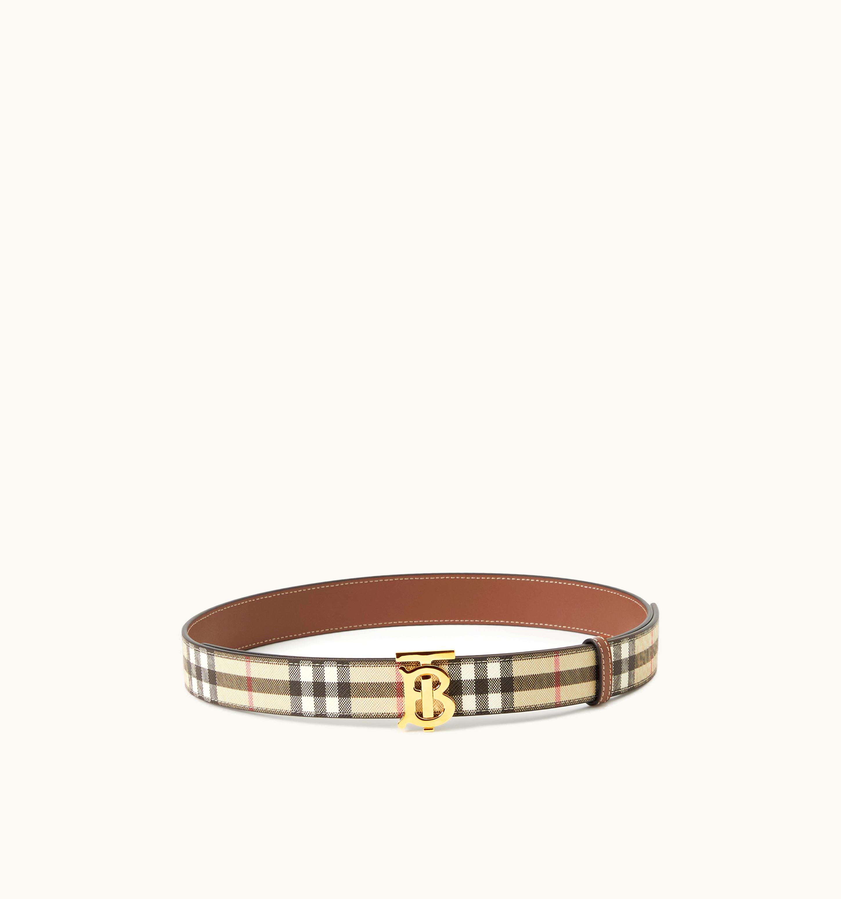 Burberry Burberry Check And Leather Reversible Tb Belt In Archive Beige/Tan/Gold - Women