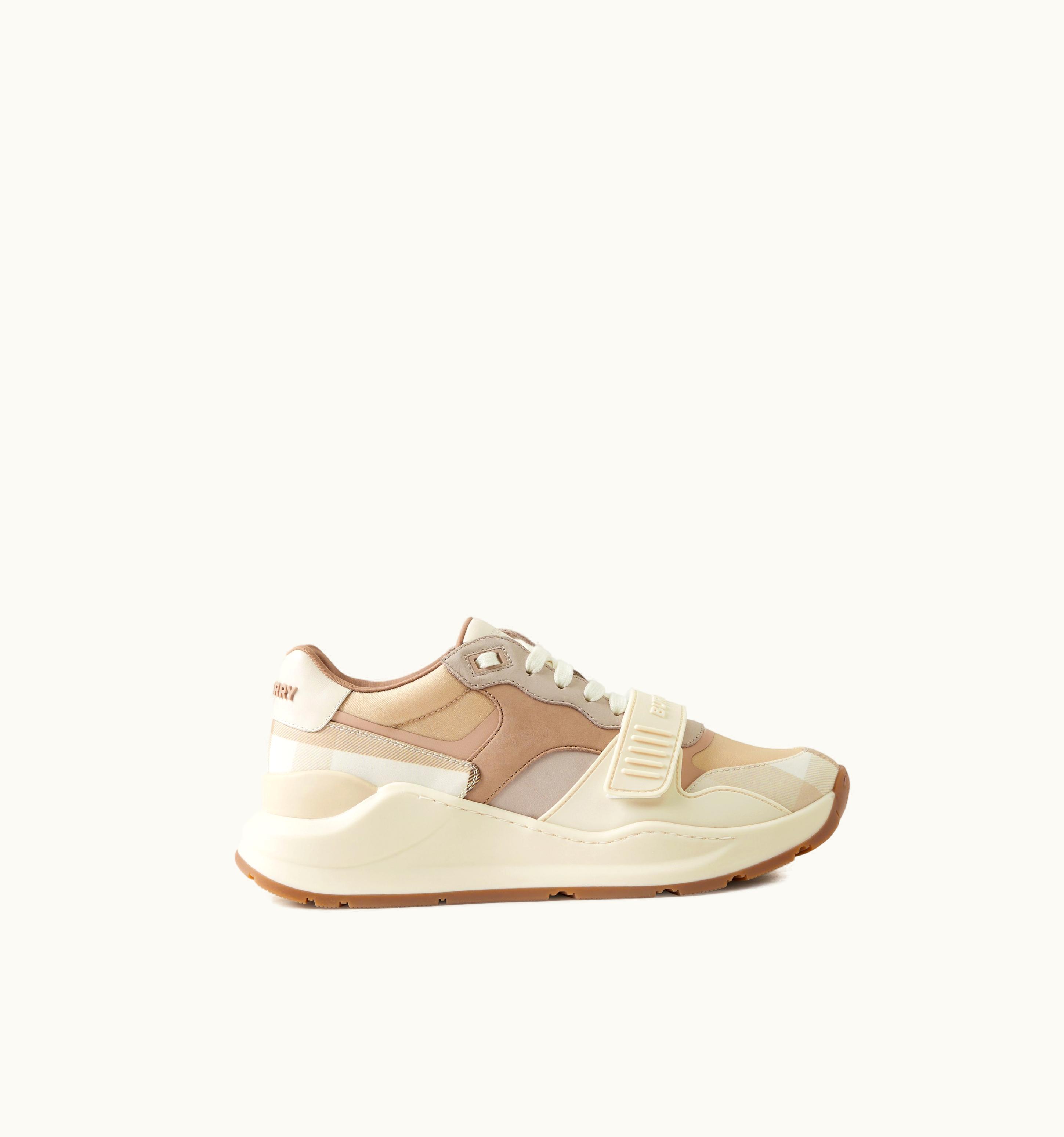 Burberry Burberry Leather, Nylon And Check Sneakers In Soft Fawn