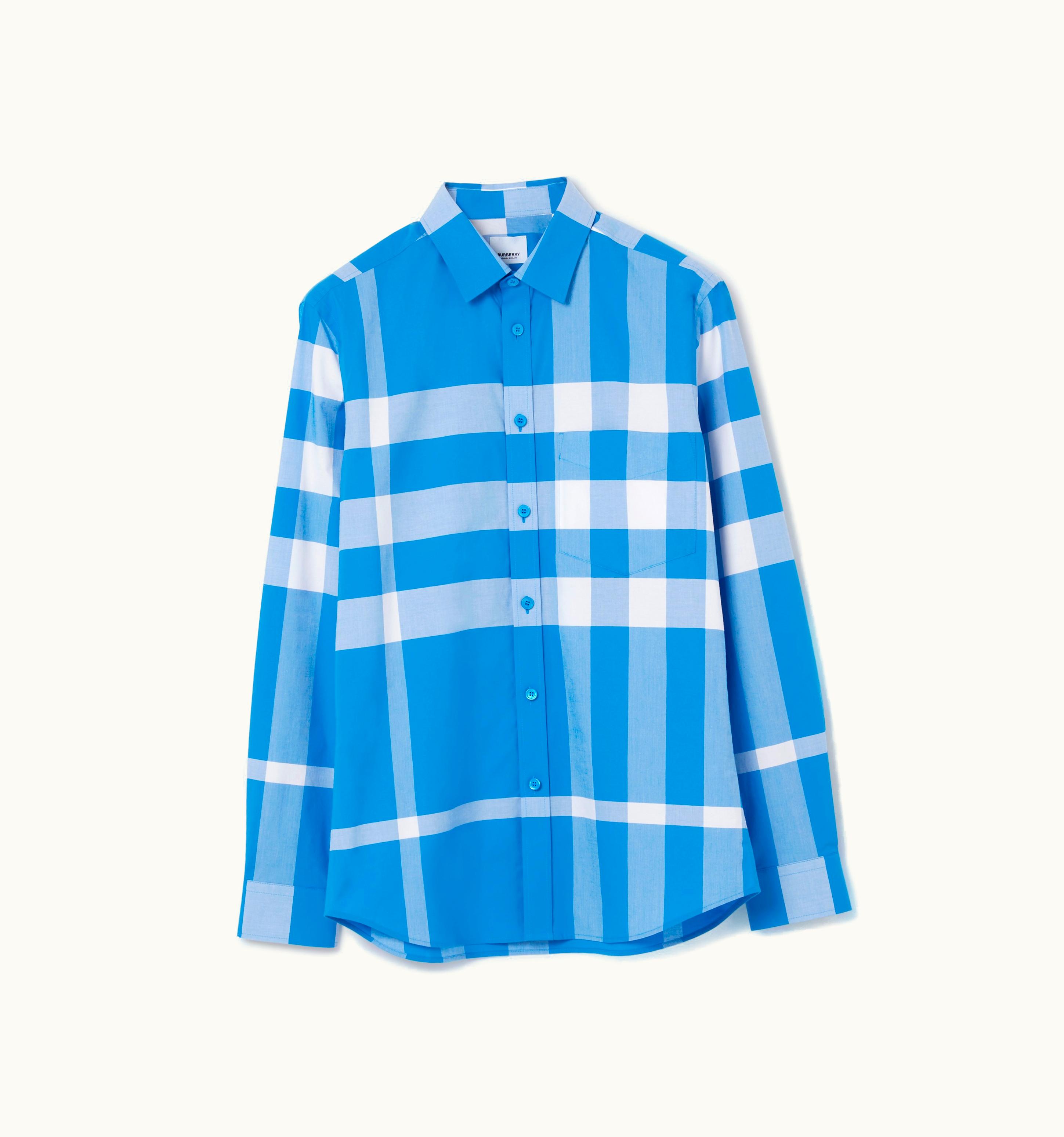 Burberry Burberry Check Stretch Cotton Poplin Shirt In VIvid Blue - Men UZ0139351