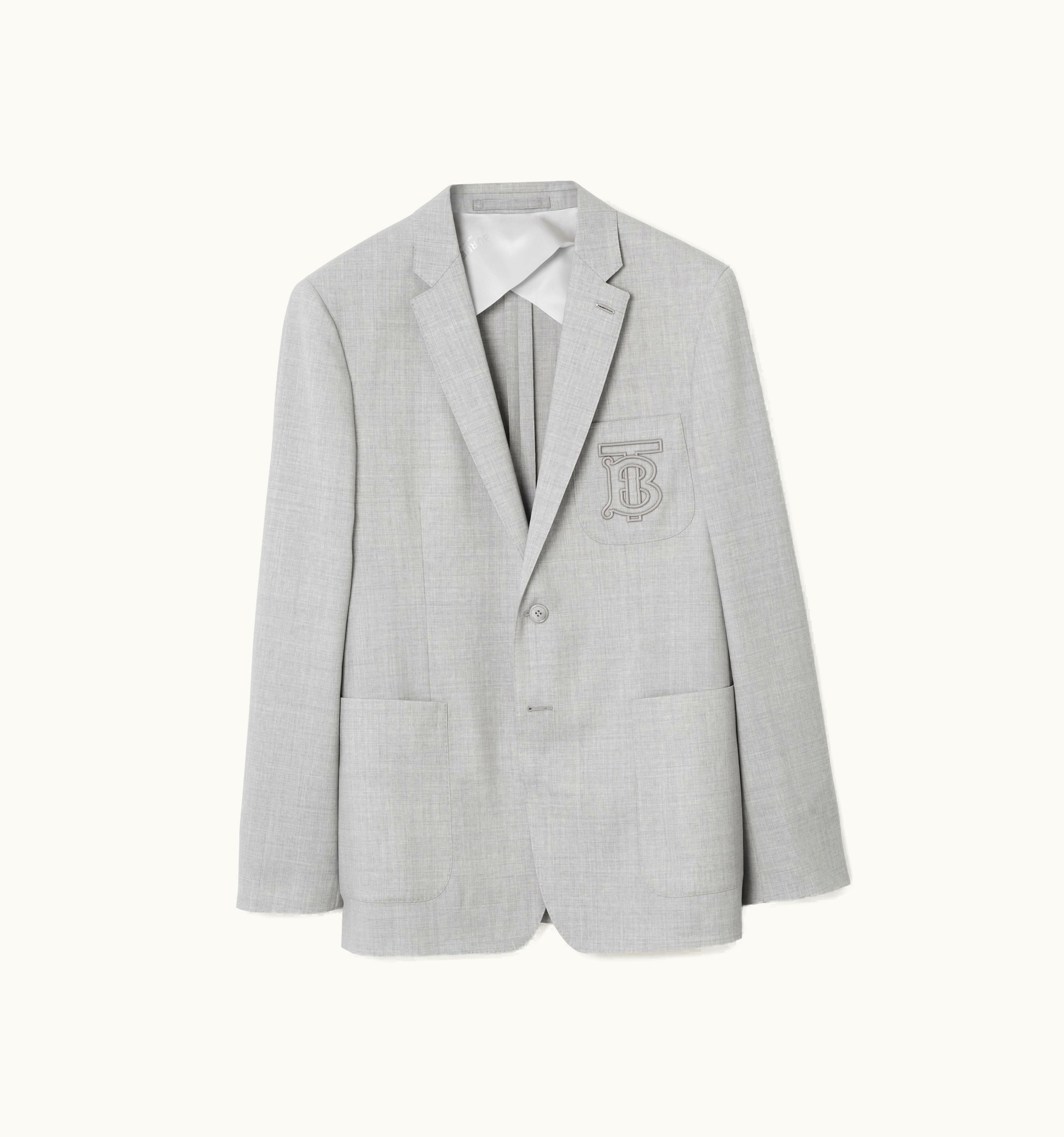 Burberry Burberry Slim Fit Embroidered Monogram Wool Tailored Jacket In Grey Taupe Melange - Men UZ0139425