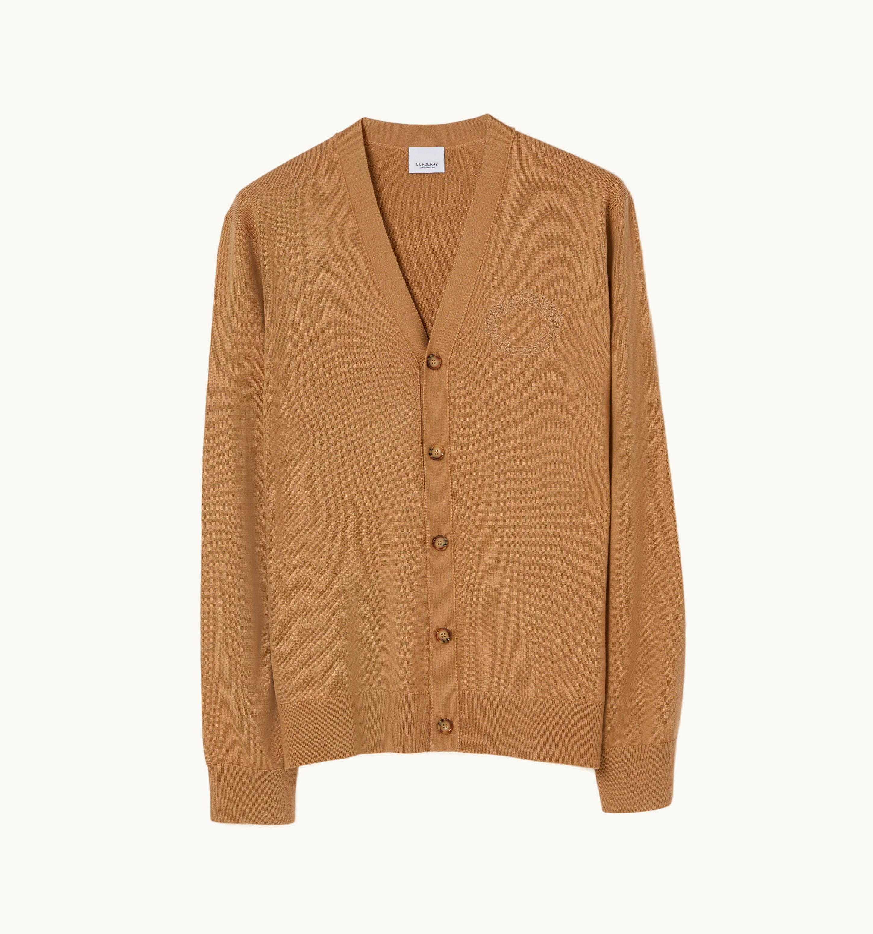 Burberry Burberry Embroidered Oak Leaf Crest Wool Cardigan In Camel - Men UZ0139428