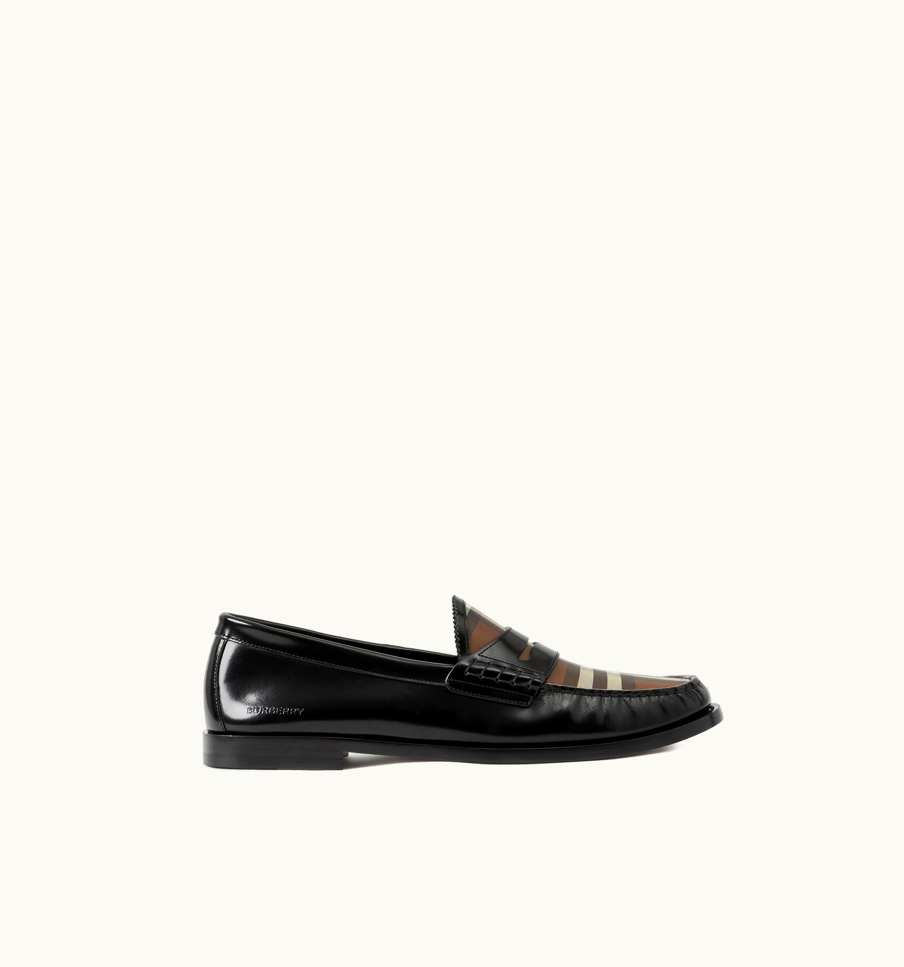 Burberry Burberry Check Panel Leather Loafers In Black - Men