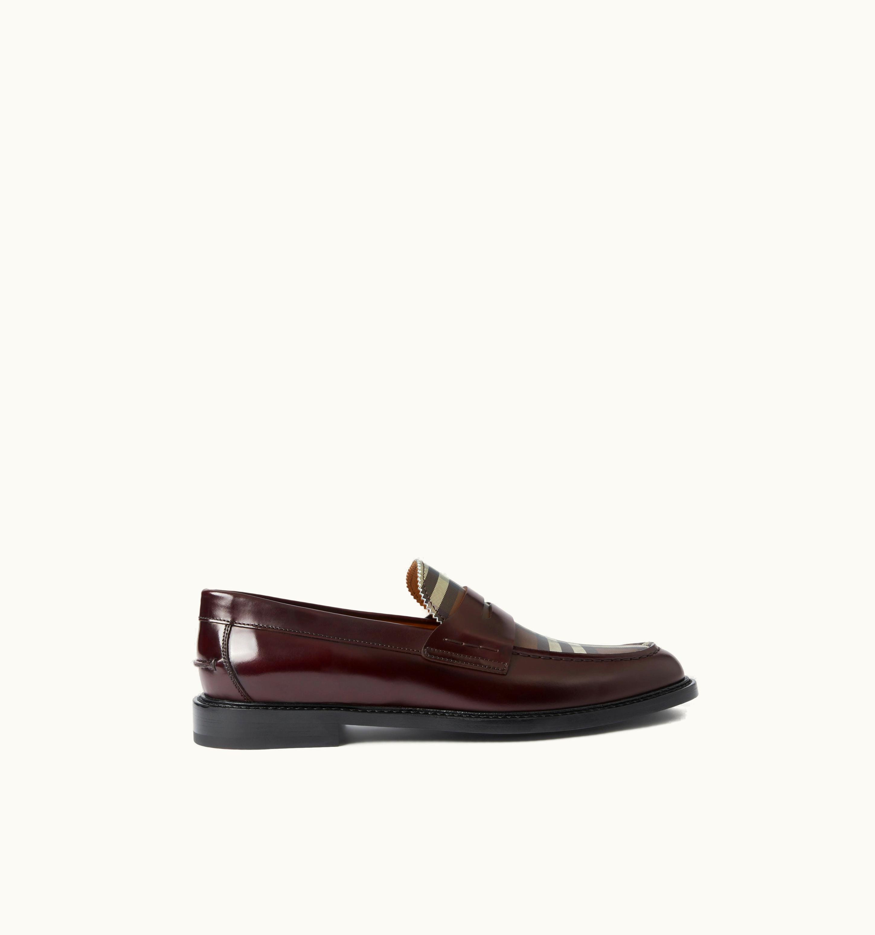Burberry Burberry Check Panel Leather Penny Loafers In Bordeaux - Men