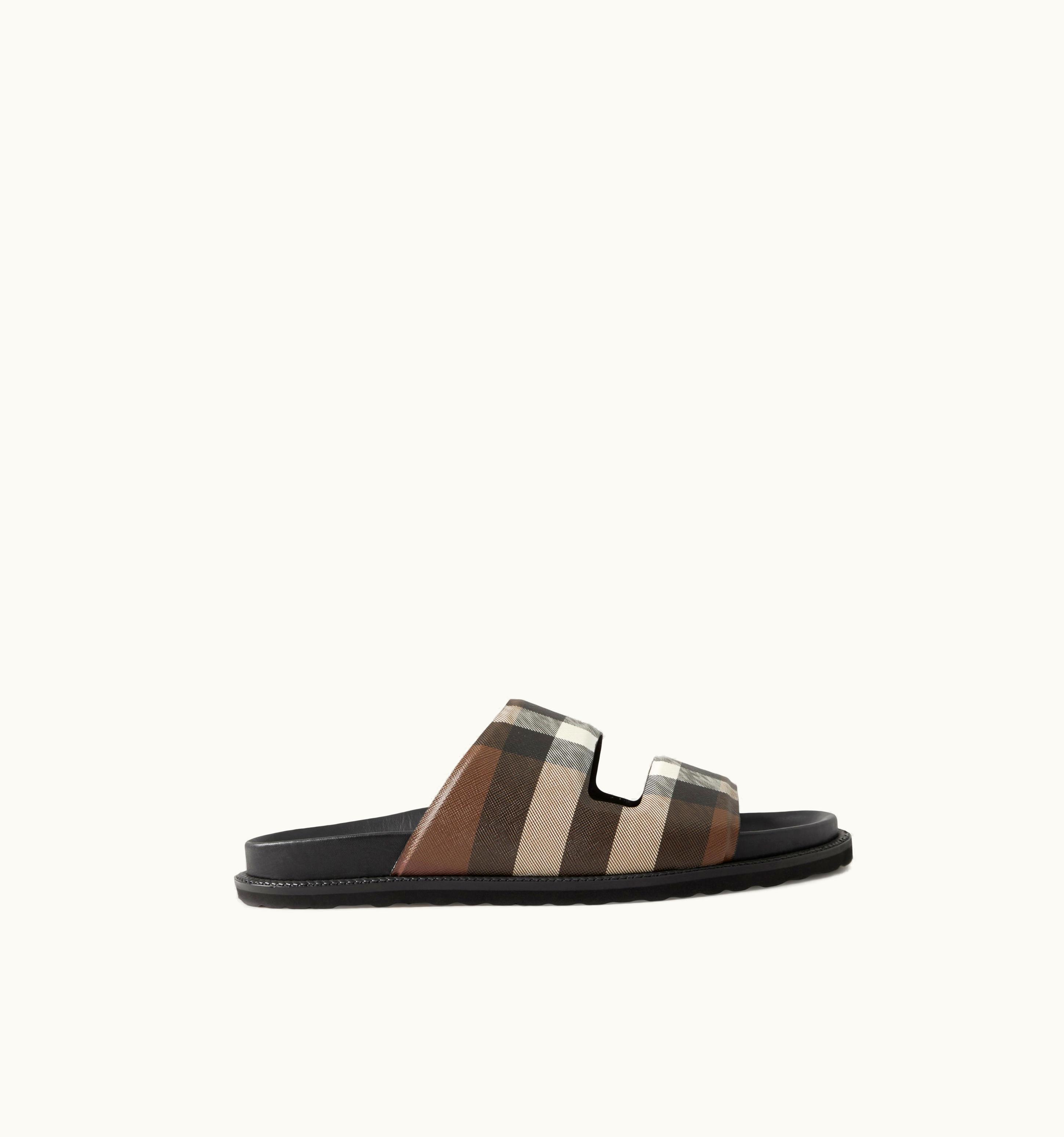 Burberry Burberry Cut-Out Detail Check Cotton Canvas Slides In Dark Birch Brown - Men UZ0139486