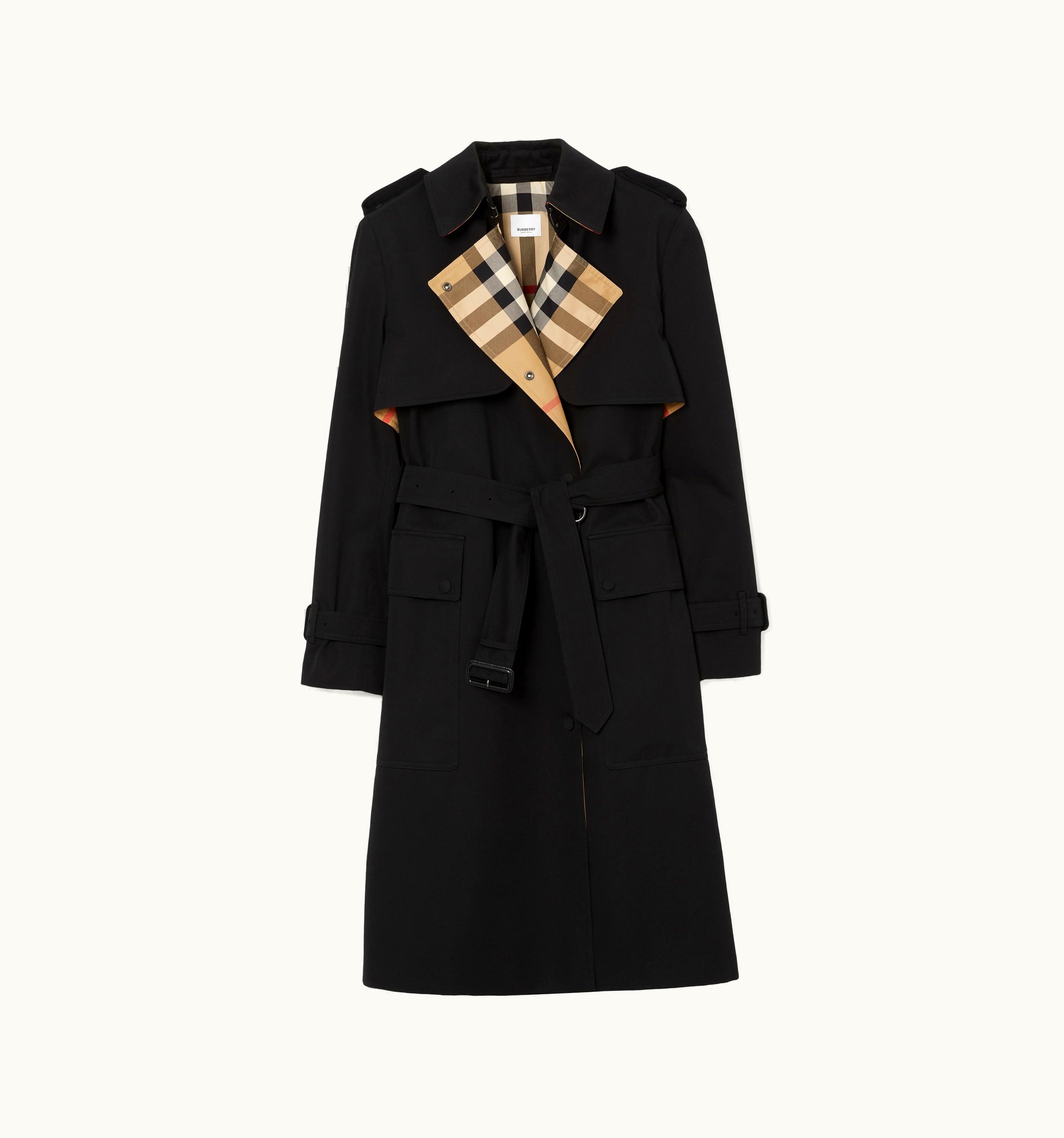 Burberry Burberry Check Panel Cotton Gabardine Trench Coat In Black - Women