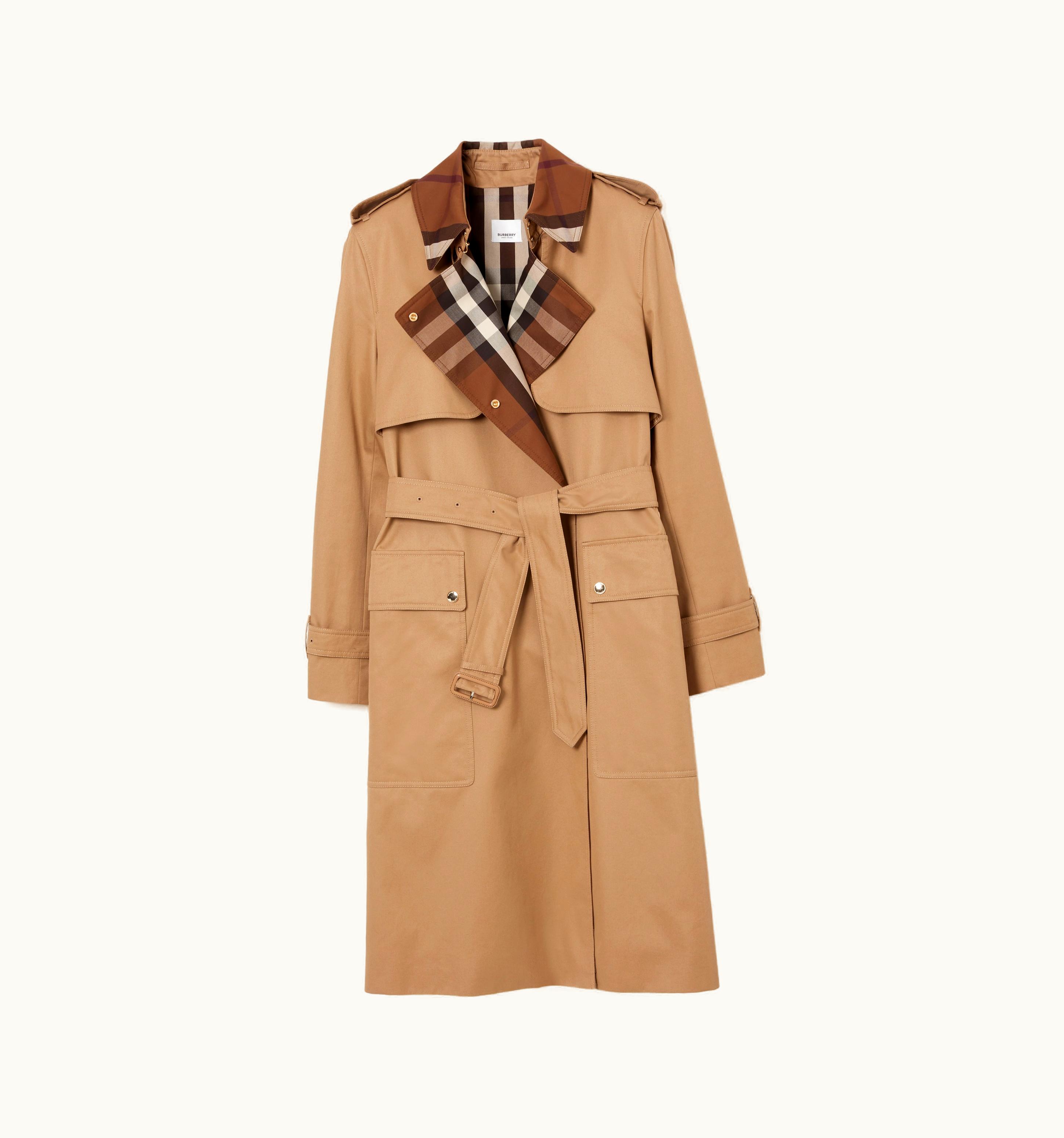 Burberry Burberry Check Panel Cotton Gabardine Trench Coat In Camel - Women UZ0139635