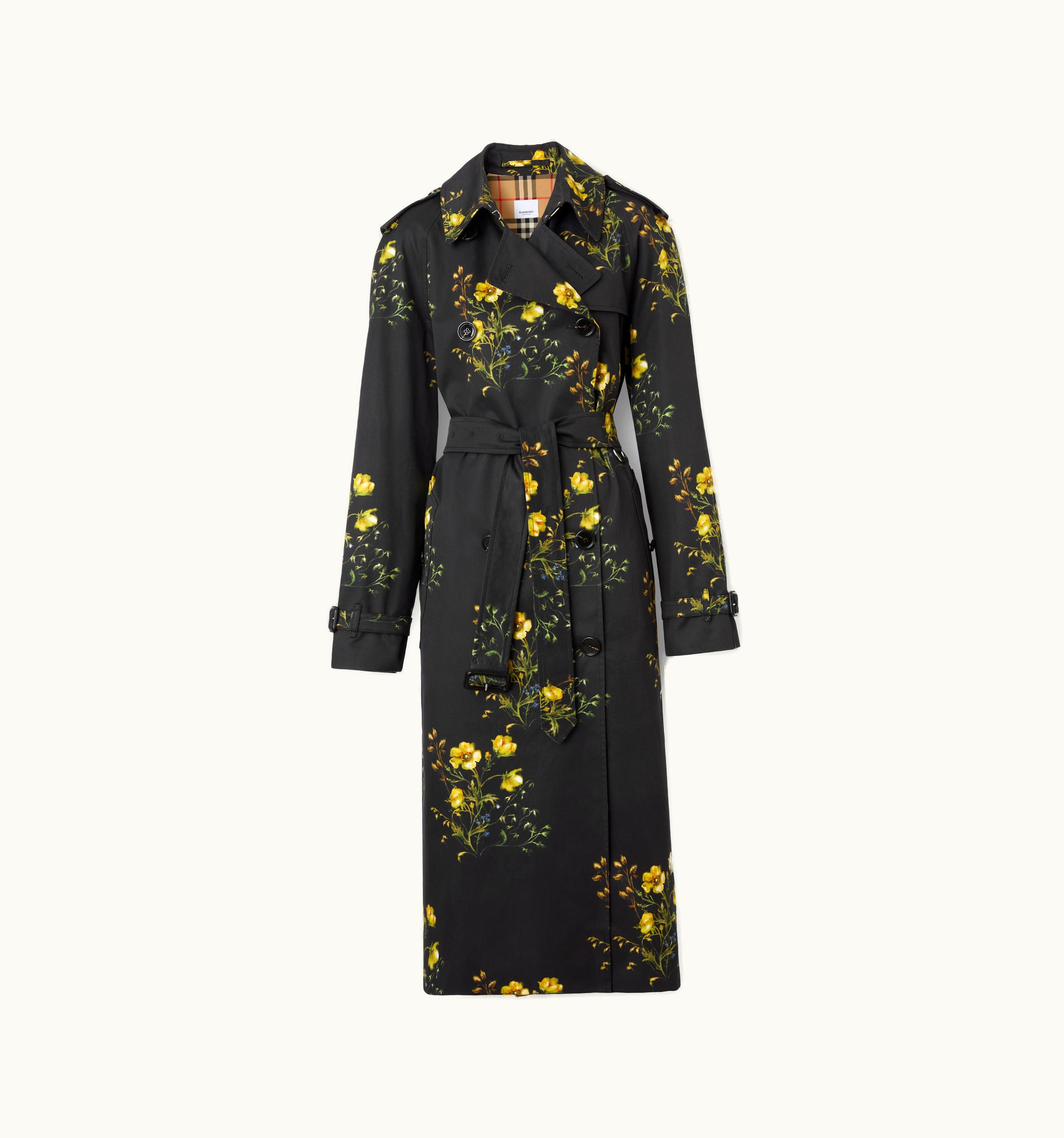 Burberry Burberry Floral Print Cotton Long Waterloo Trench Coat In Black - Women