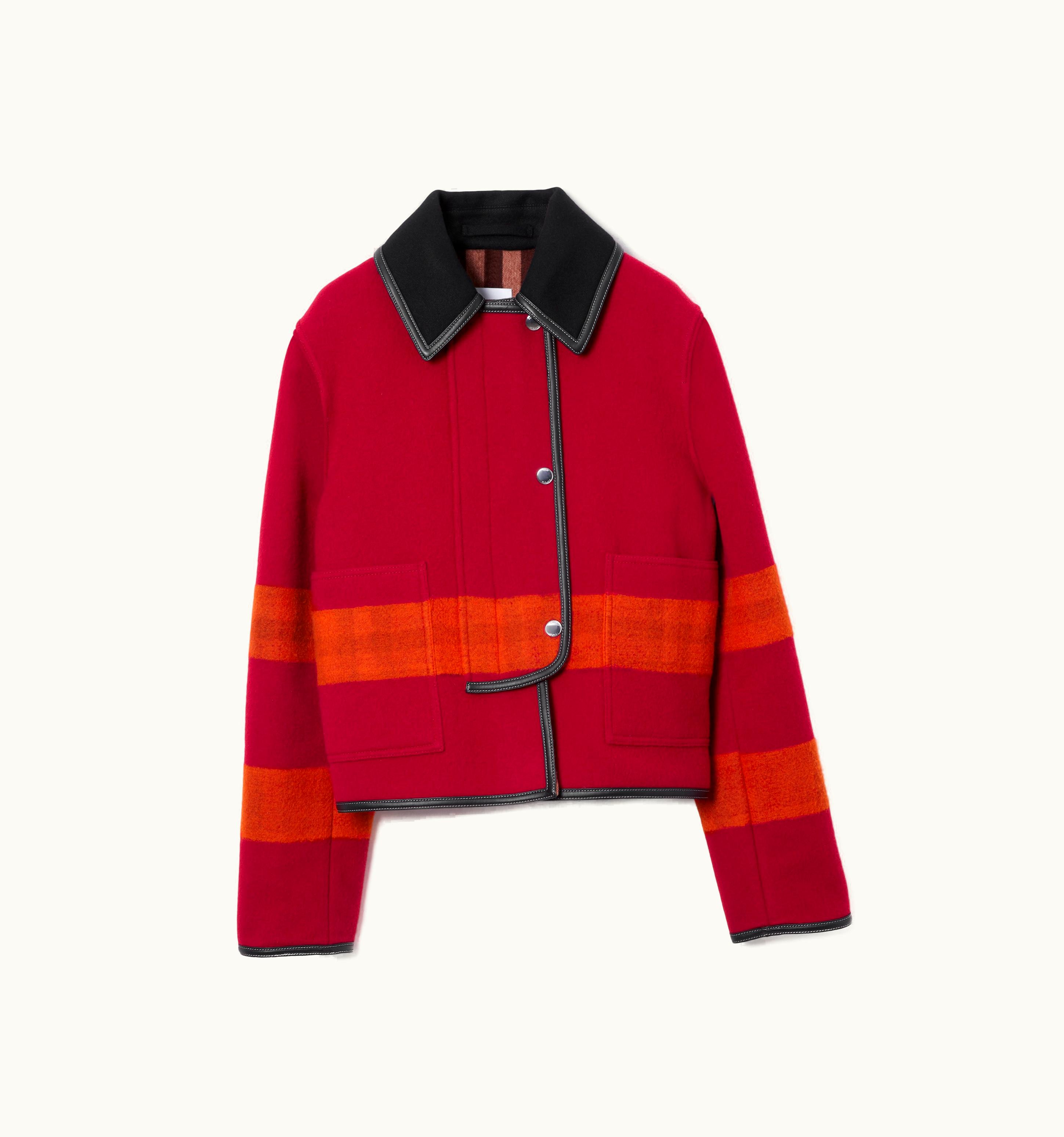 Burberry Burberry Leather Trim Striped Wool Jacket In Bright Red/Dark Birch Brown - Women