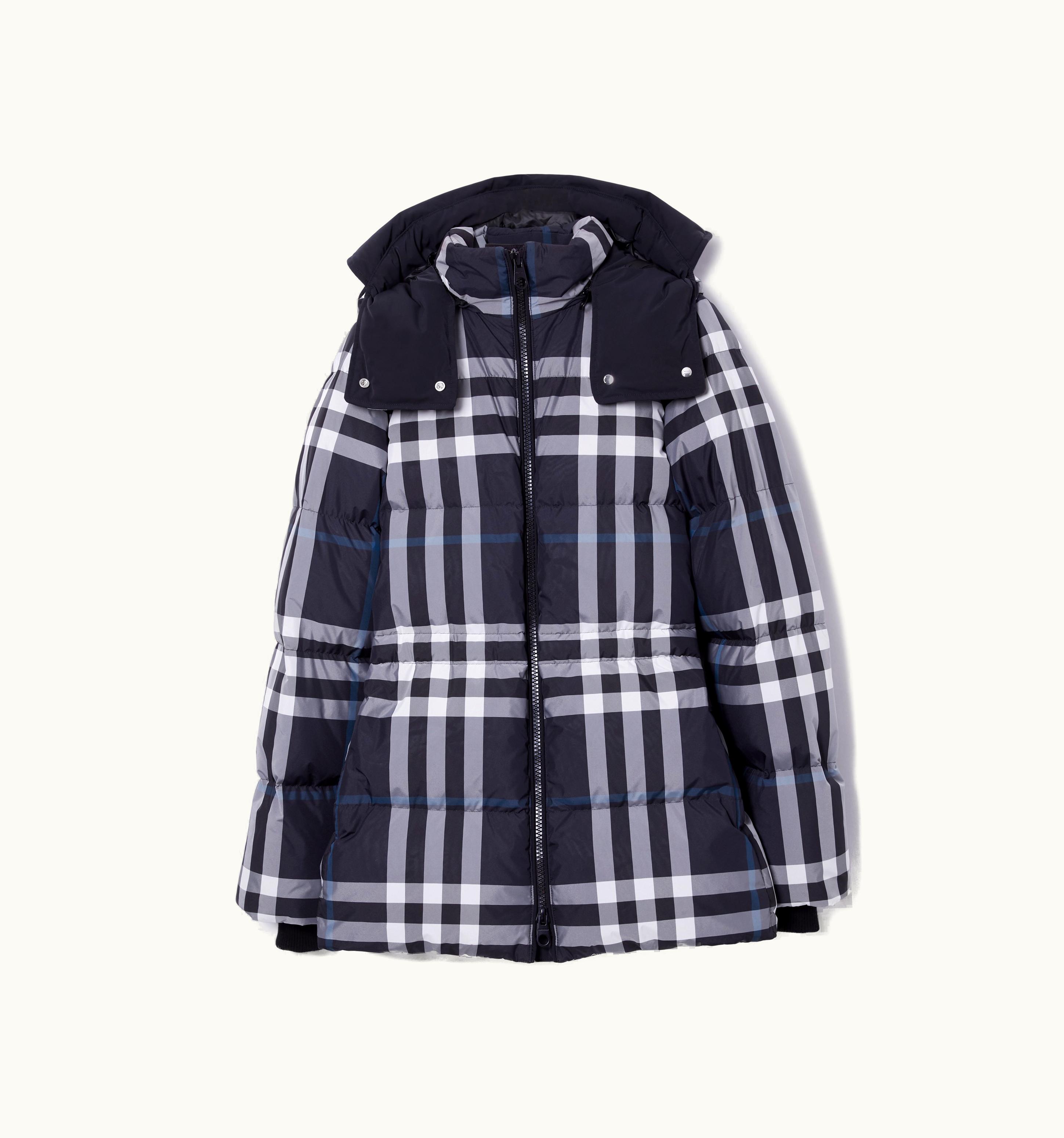 Burberry Burberry Detachable Hood Night Check Puffer Jacket In Dark Charcoal Blue/White - Women UZ0139747