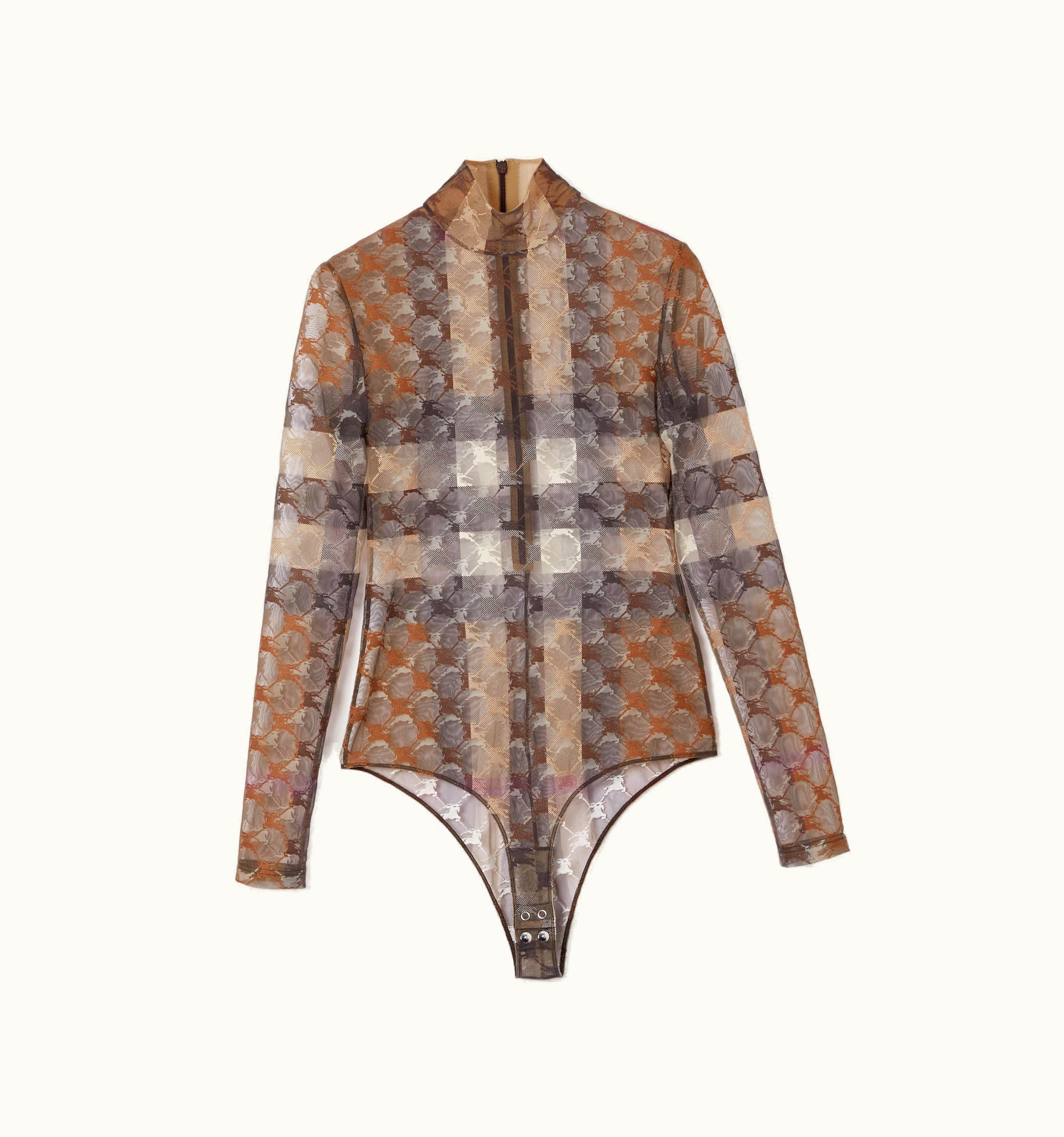 Burberry Burberry Ekd Check Stretch Tulle Turtleneck Bodysuit In Dark Birch Brown - Women UZ0139881