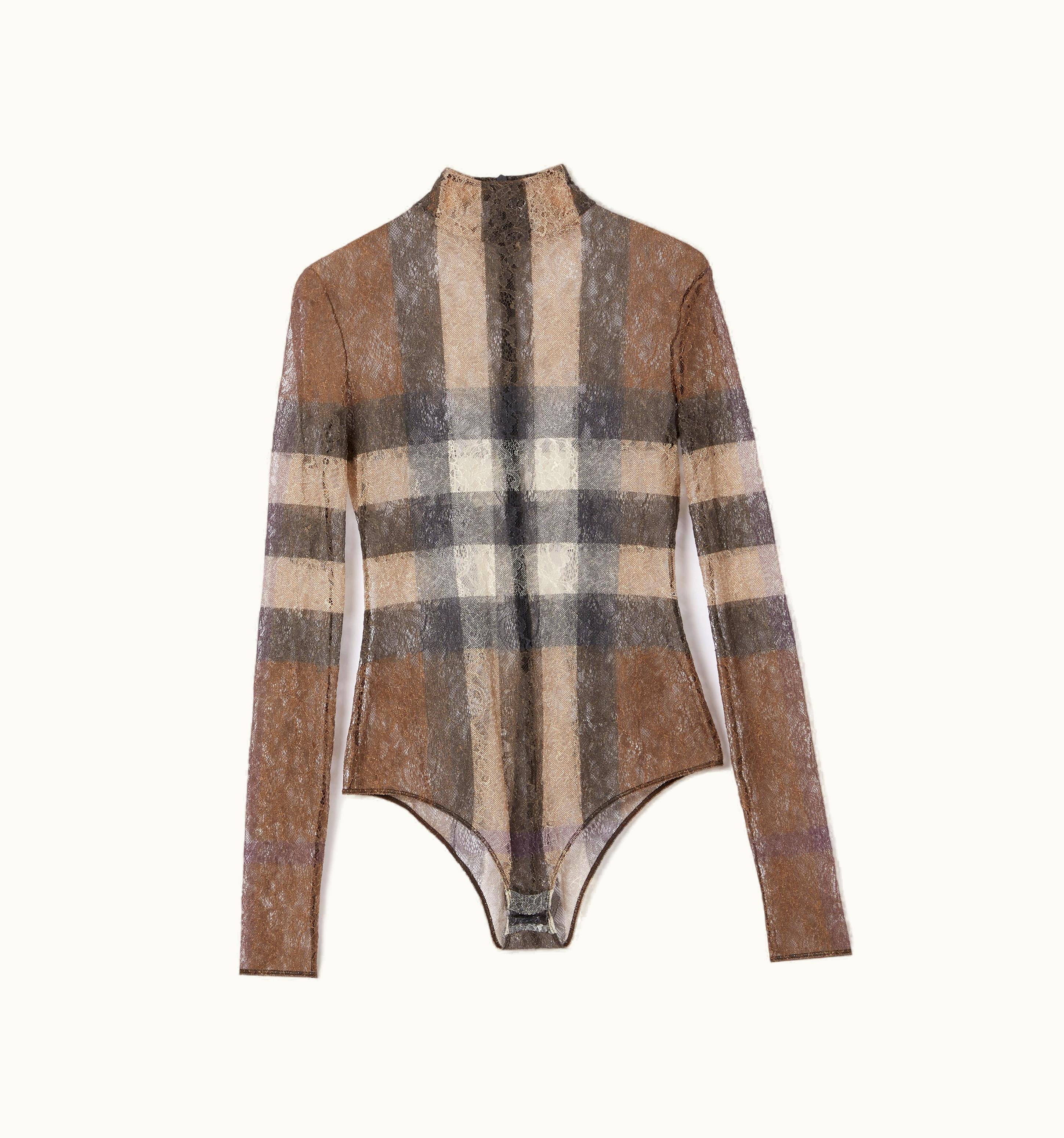 Burberry Burberry Check Stretch Lace Turtleneck Bodysuit In Dark Birch Brown - Women UZ0139883