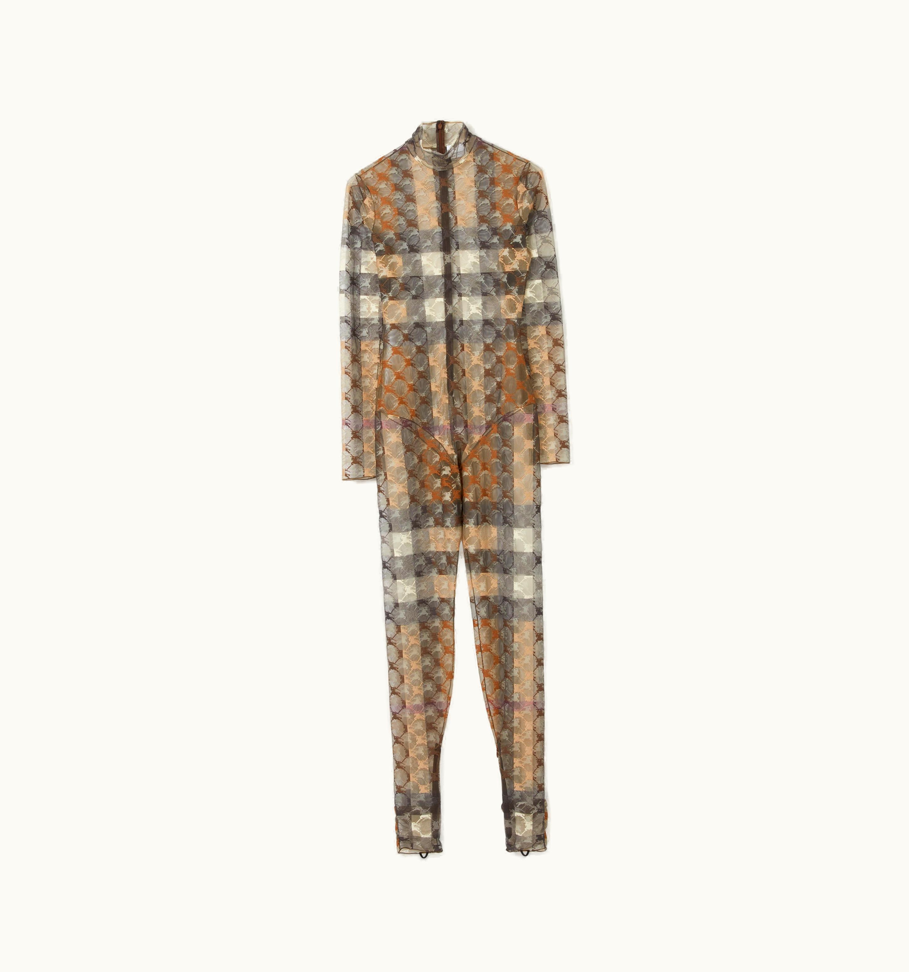 Burberry Burberry Ekd Check Stretch Tulle Turtleneck Jumpsuit In Dark Birch Brown - Women
