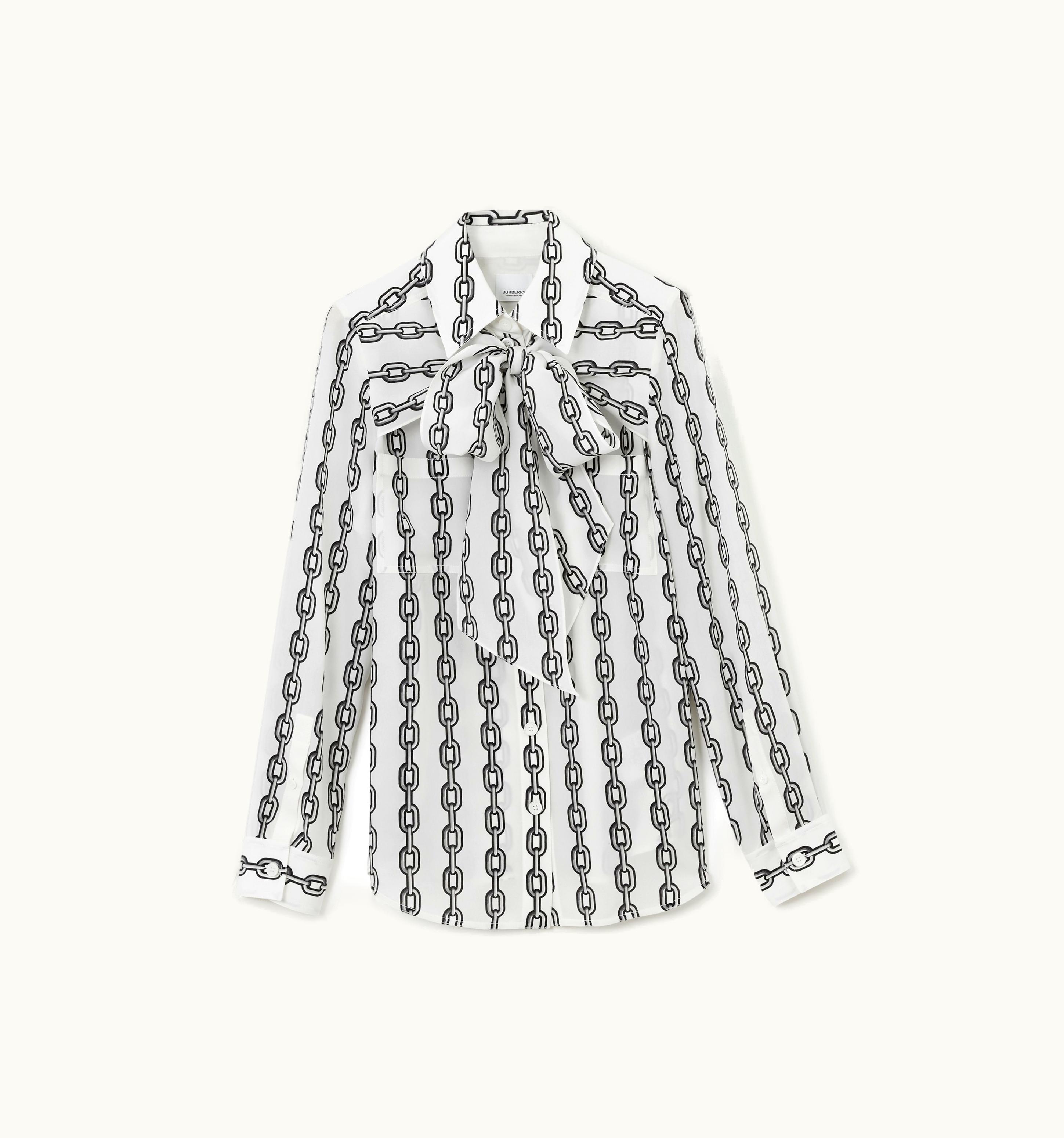Burberry Burberry Chain Print Silk Crepe De Chine Pussy-Bow Blouse In White - Women