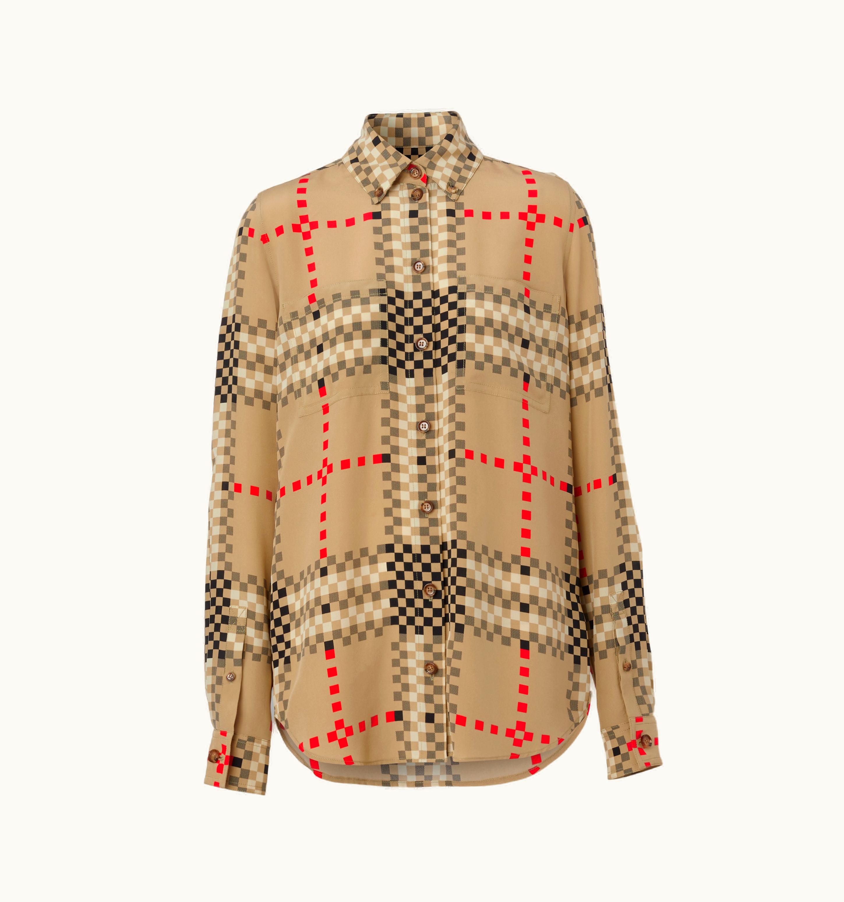 Burberry Burberry Pixel Check Silk Crepe De Chine Shirt In Archive Beige - Women