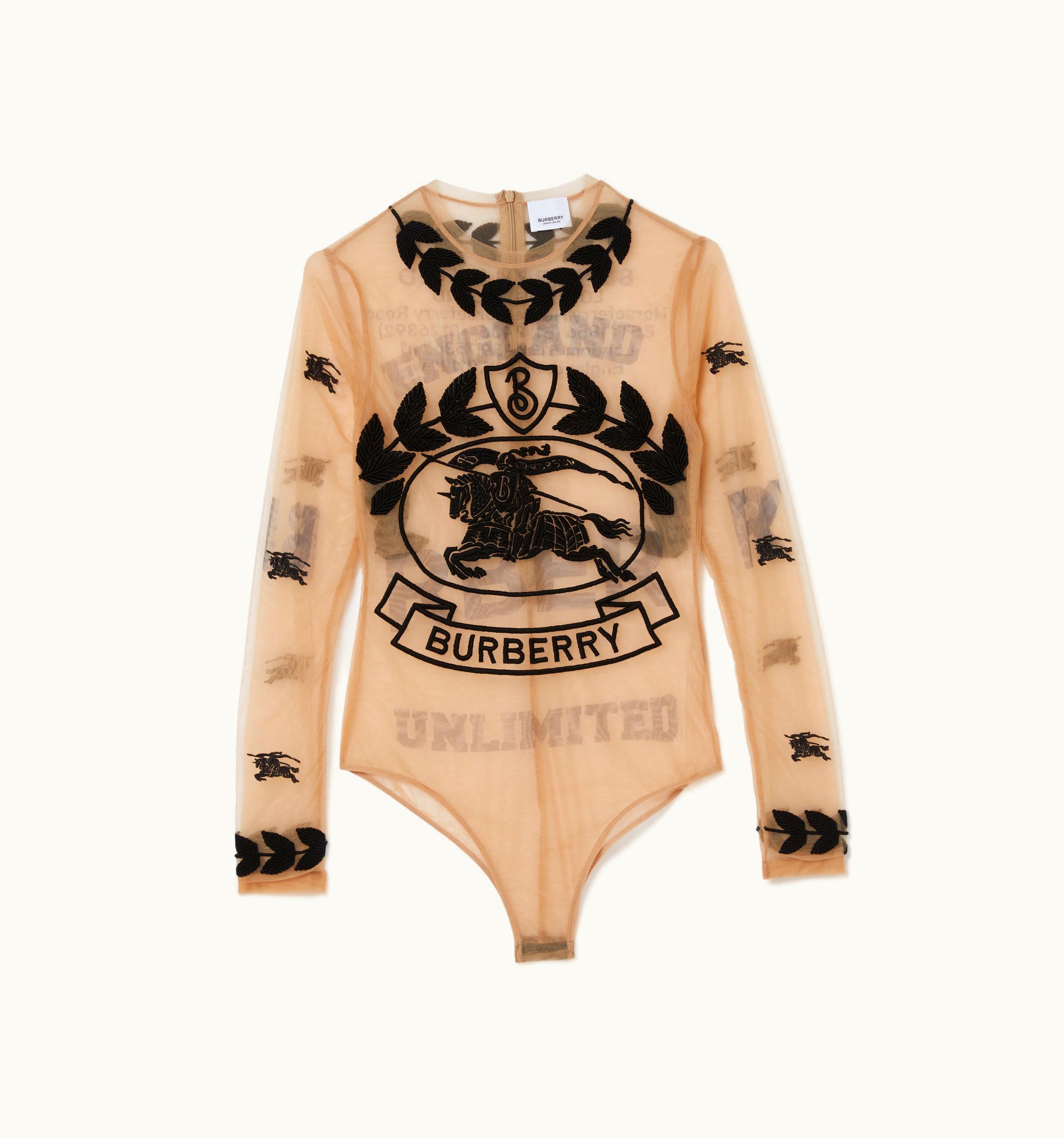 Burberry Burberry Ekd Embroidered Stretch Tulle Bodysuit In Camel - Women