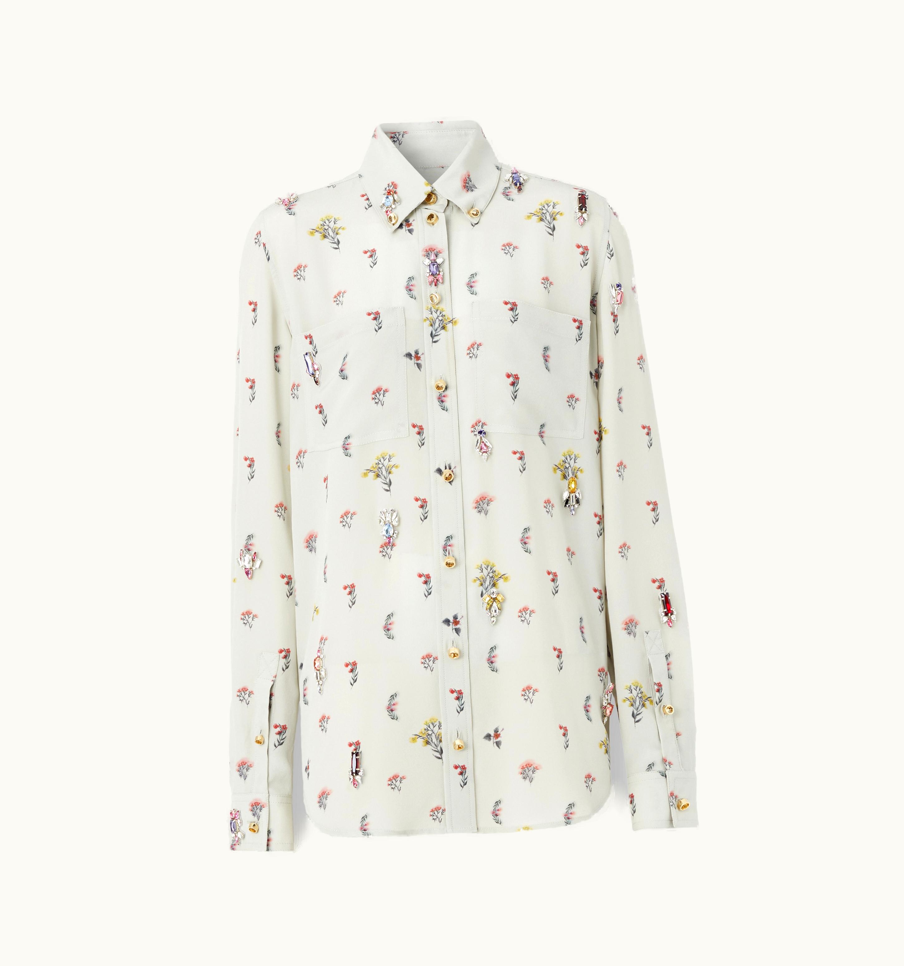 Burberry Burberry Crystal Floral Print Silk Crepe De Chine Shirt In Parchment Grey - Women