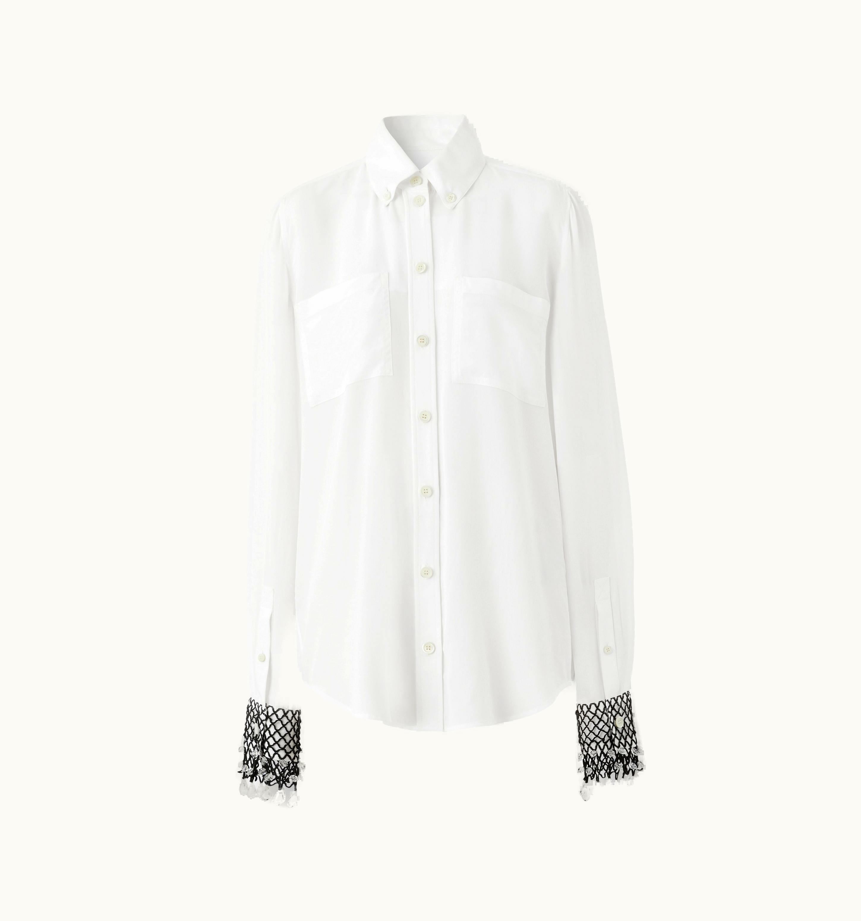 Burberry Burberry Fishnet Cuff Silk Crepe De Chine Shirt In Optic White - Women