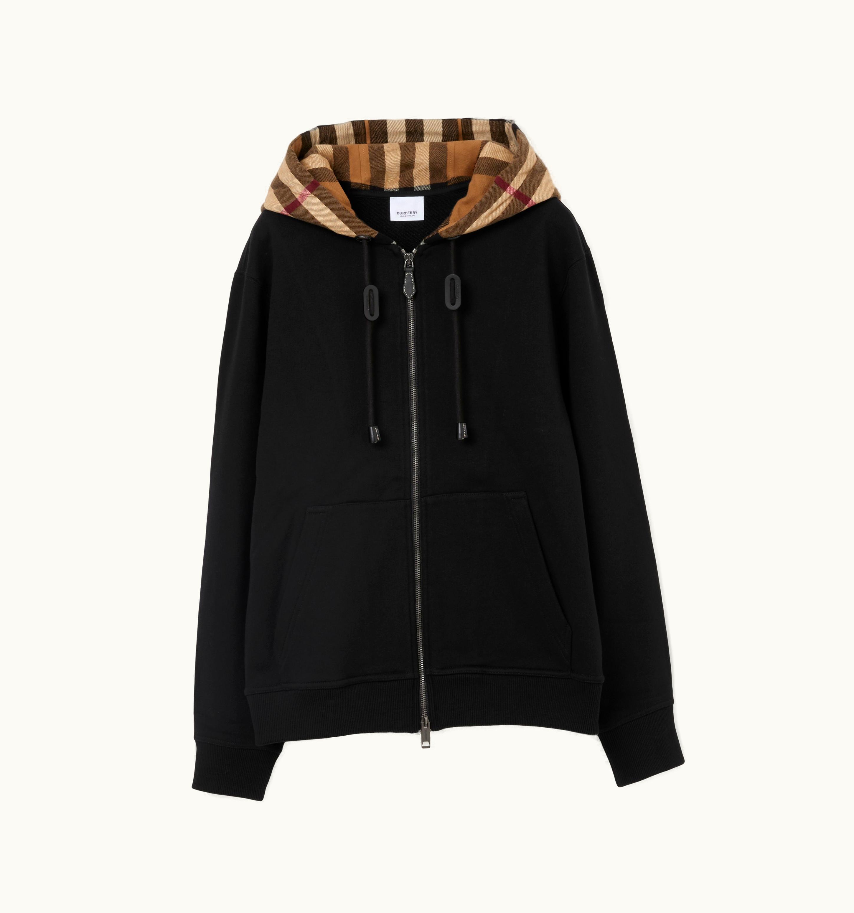 Burberry Burberry Check Hood Cotton Zip Hoodie In Black