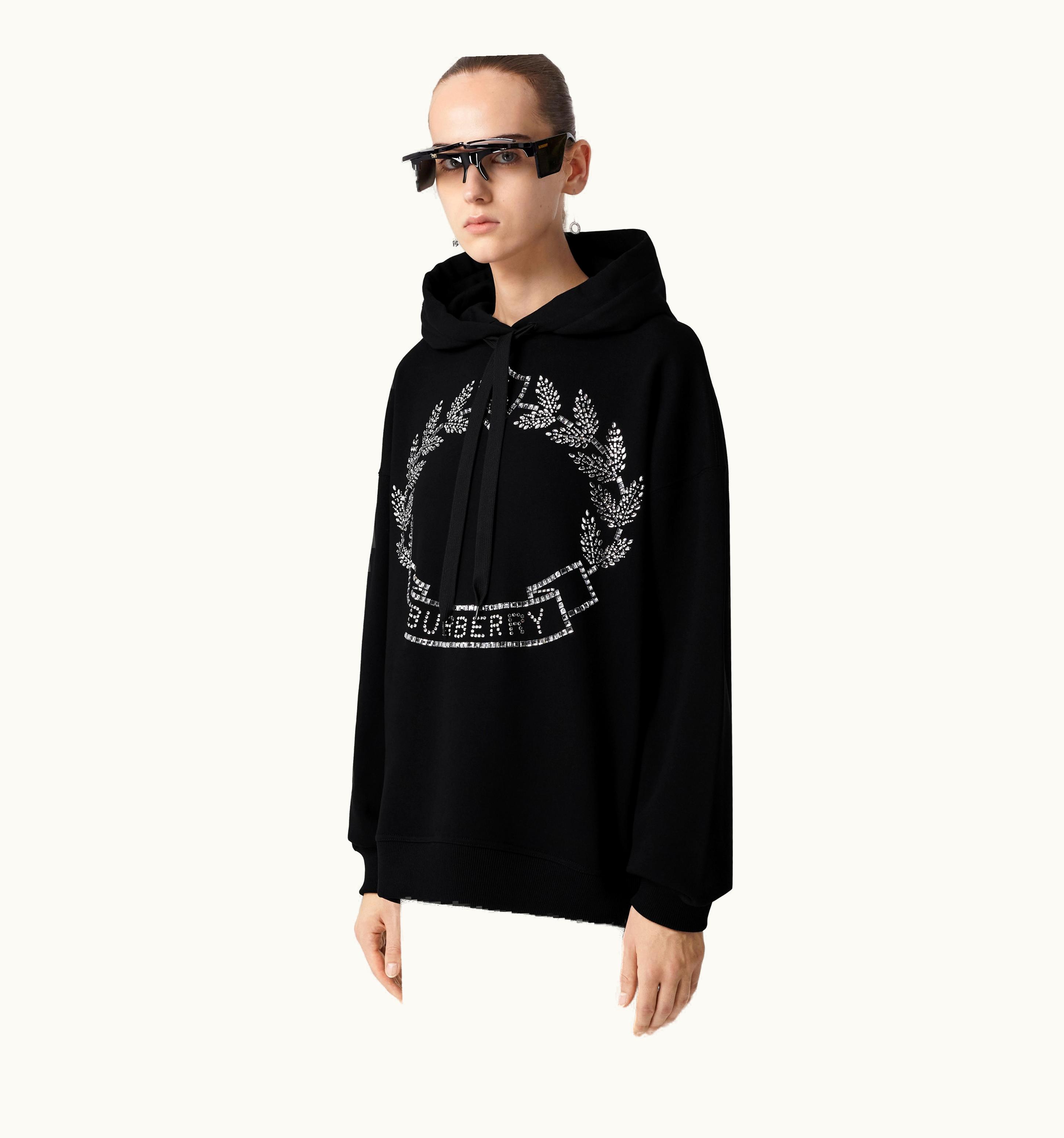 Burberry Burberry Crystal Oak Leaf Crest Cotton Oversized Hoodie In Black - Women