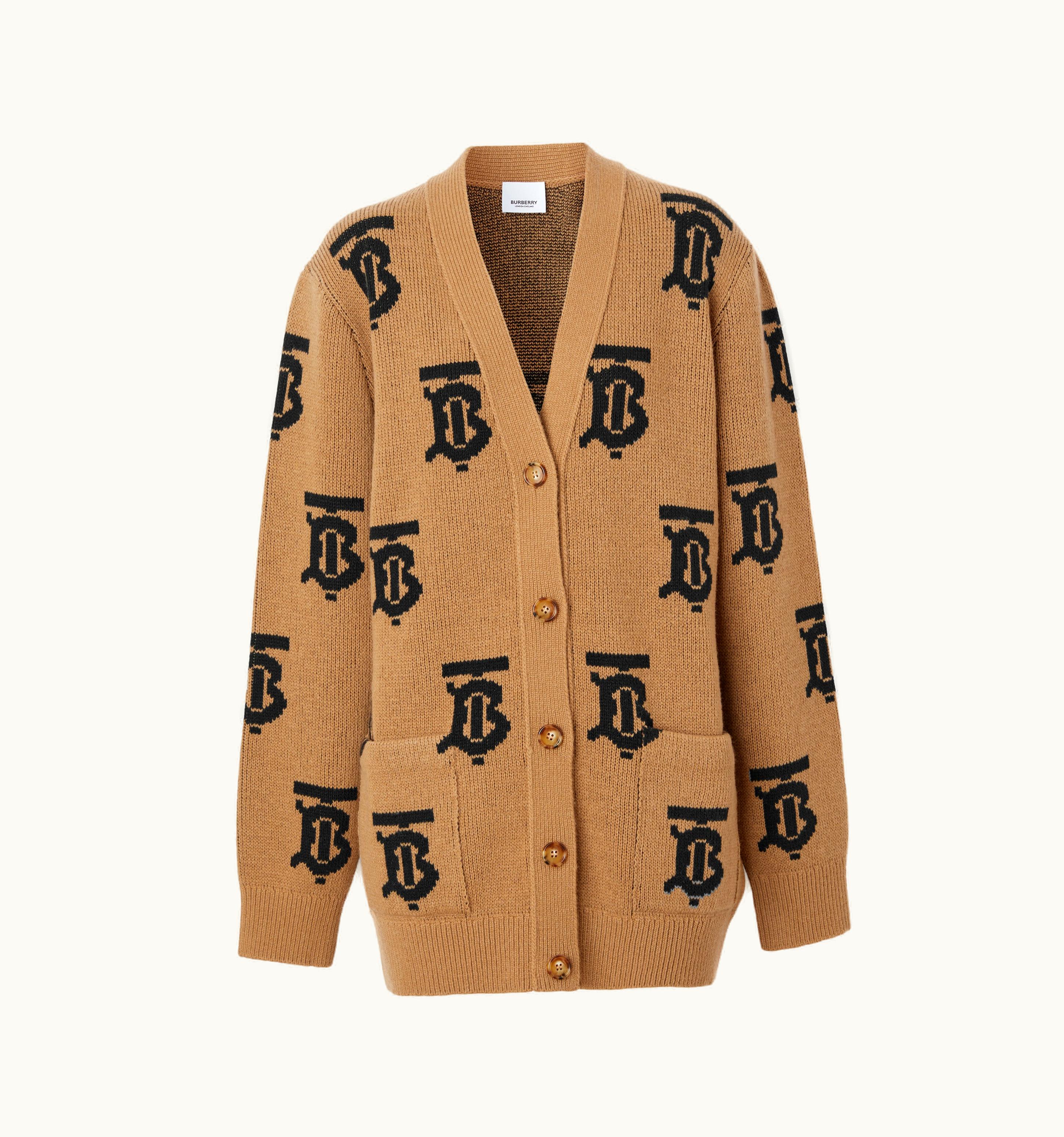 Burberry Burberry Monogram Motif Wool Jacquard Cardigan In Camel - Women