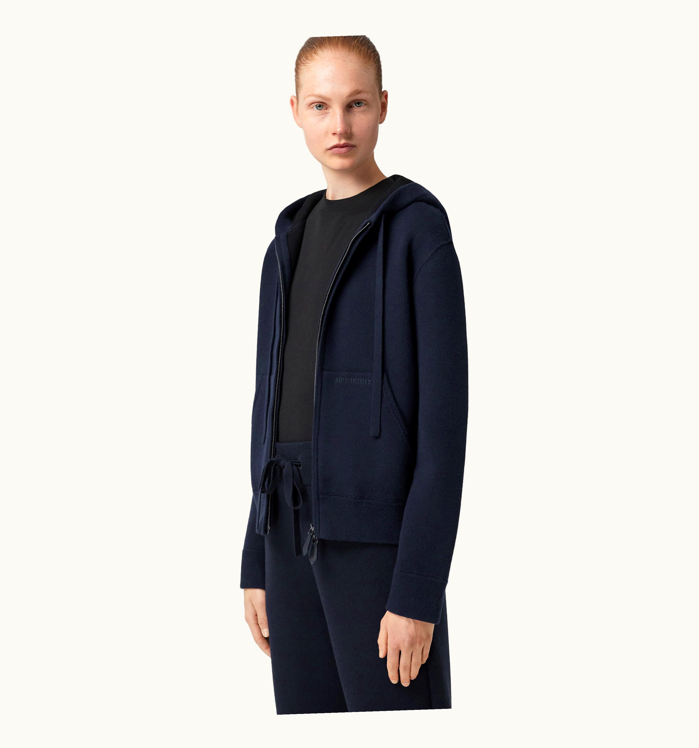 Burberry Burberry Embroidered Logo Cashmere Zip Hoodie In Dark Charcoal Blue - Women