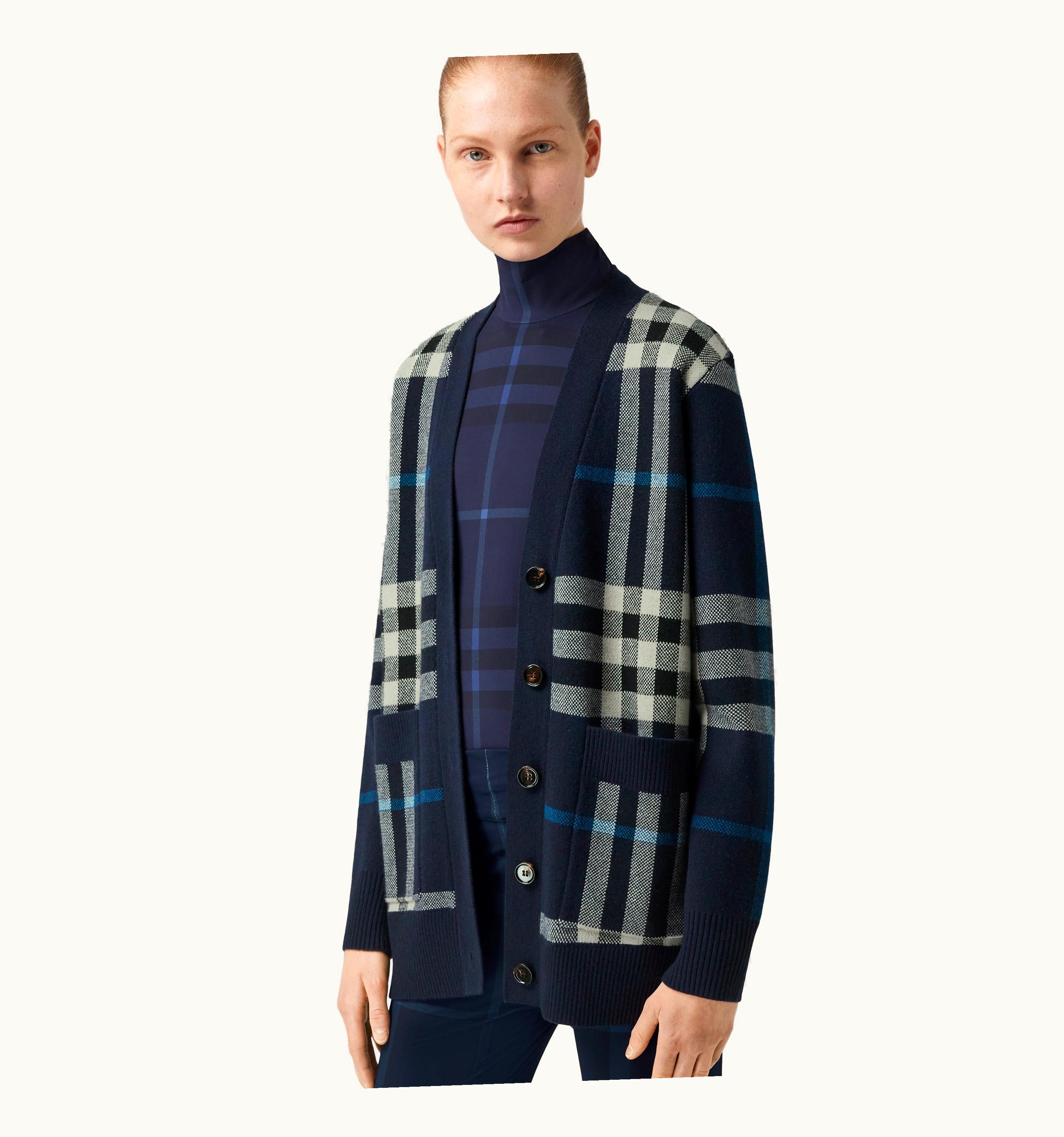 Burberry Burberry Check Wool Cashmere Jacquard Oversized Cardigan In Dark Charcoal Blue - Women