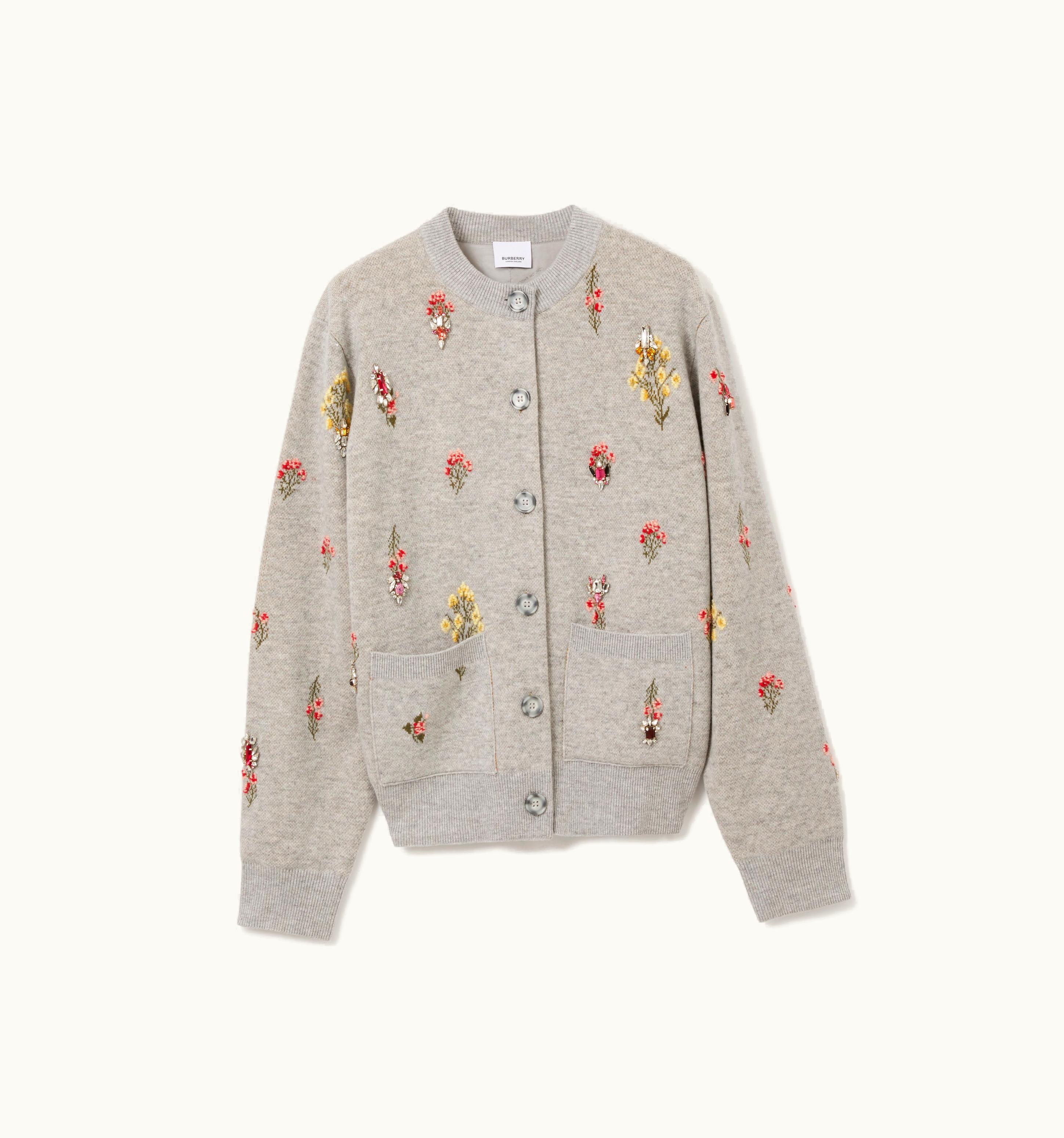 Burberry Burberry Crystal Embroidered Floral Wool Blend Cardigan In Parchment Grey - Women