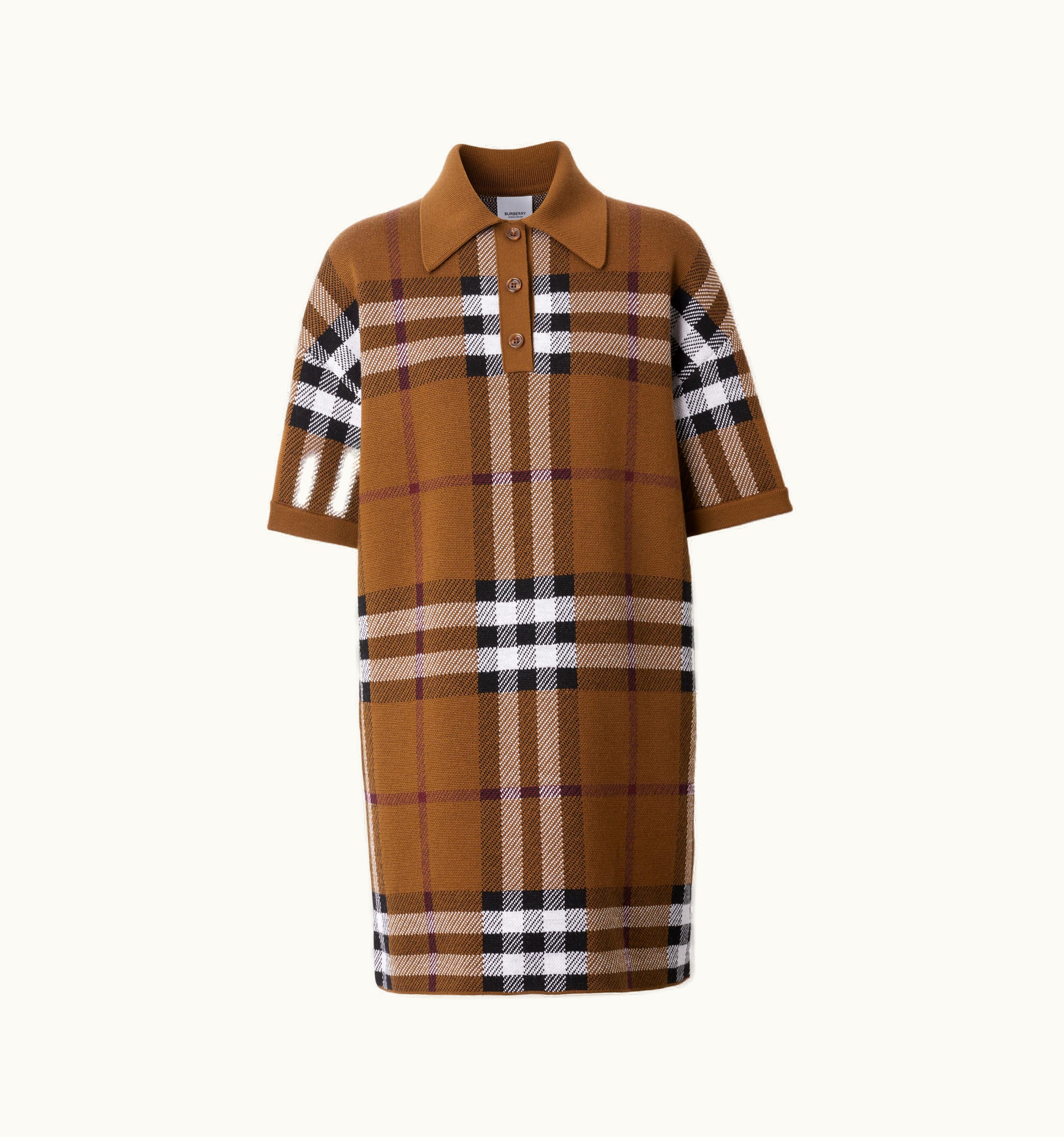 Burberry Burberry Check Wool Jacquard Polo Shirt Dress In Dark Birch Brown - Women