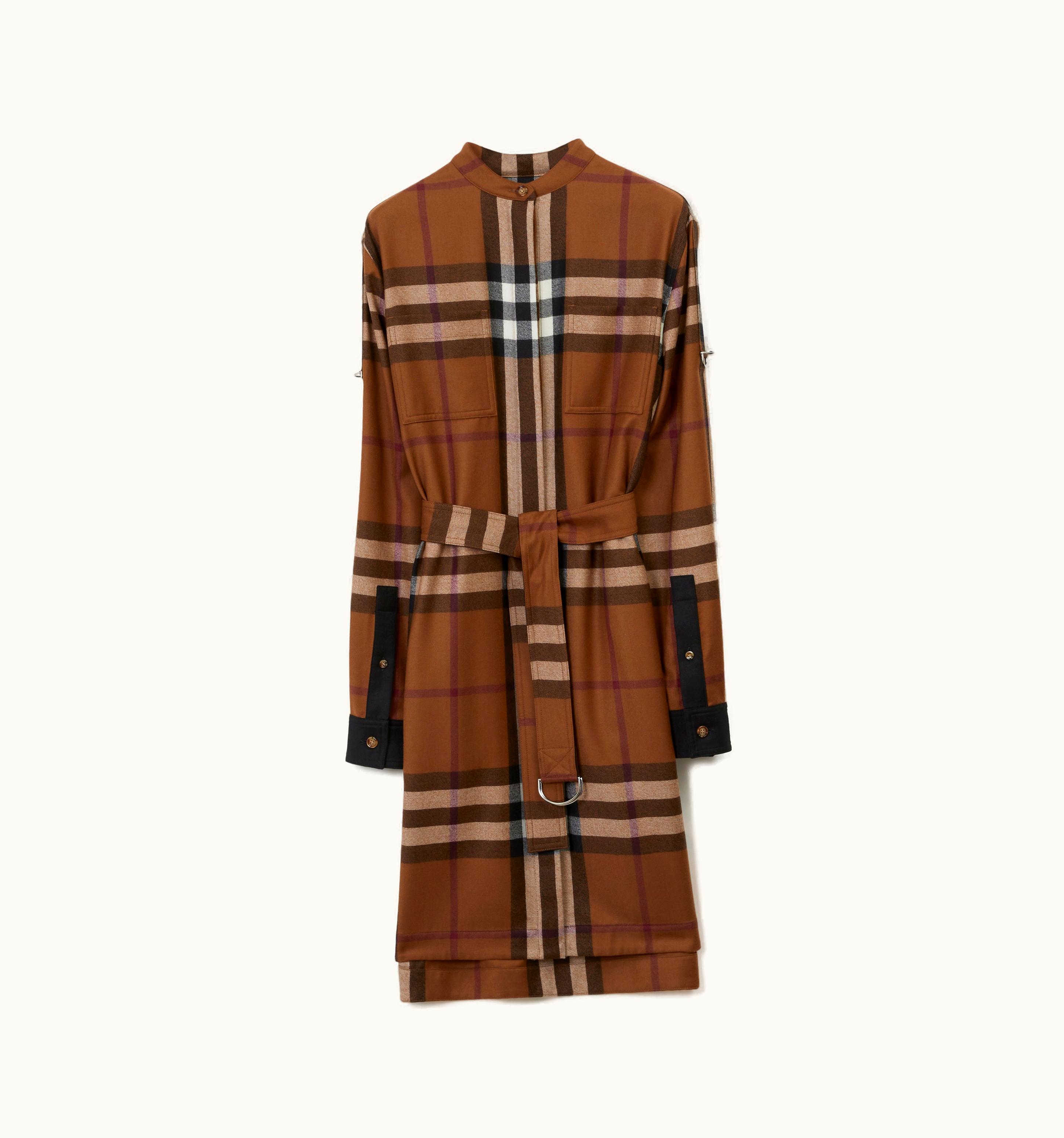 Burberry Burberry Exaggerated Check Wool Belted Shirt Dress In Dark Birch Brown - Women