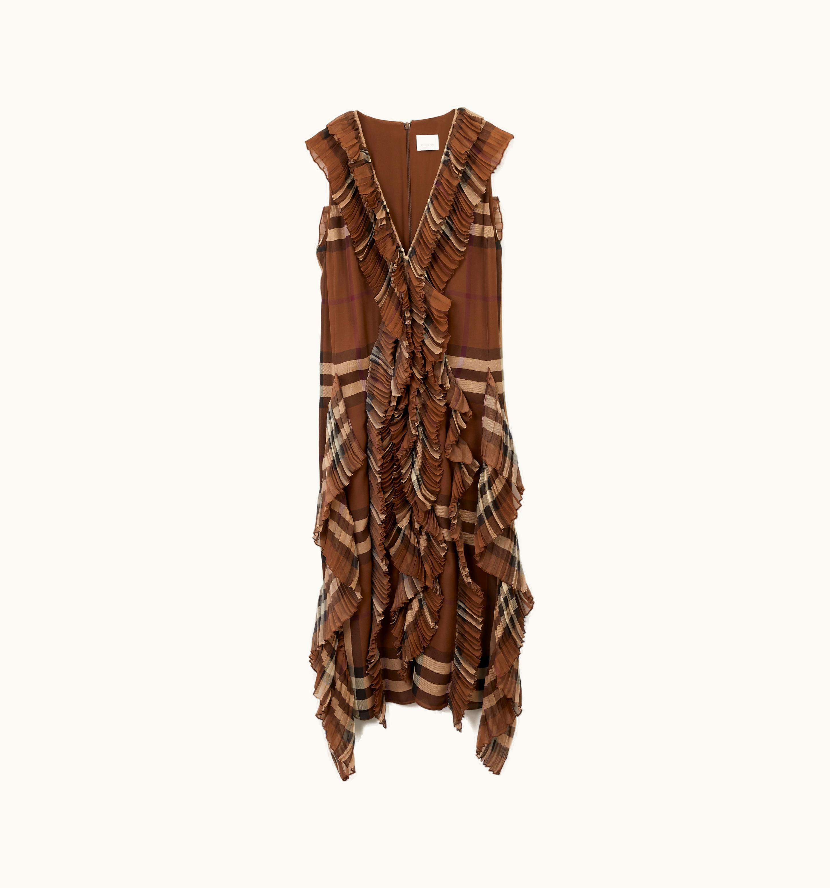 Burberry Burberry Pleated Ruffle Detail Check Silk Georgette Dress In Dark Birch Brown - Women